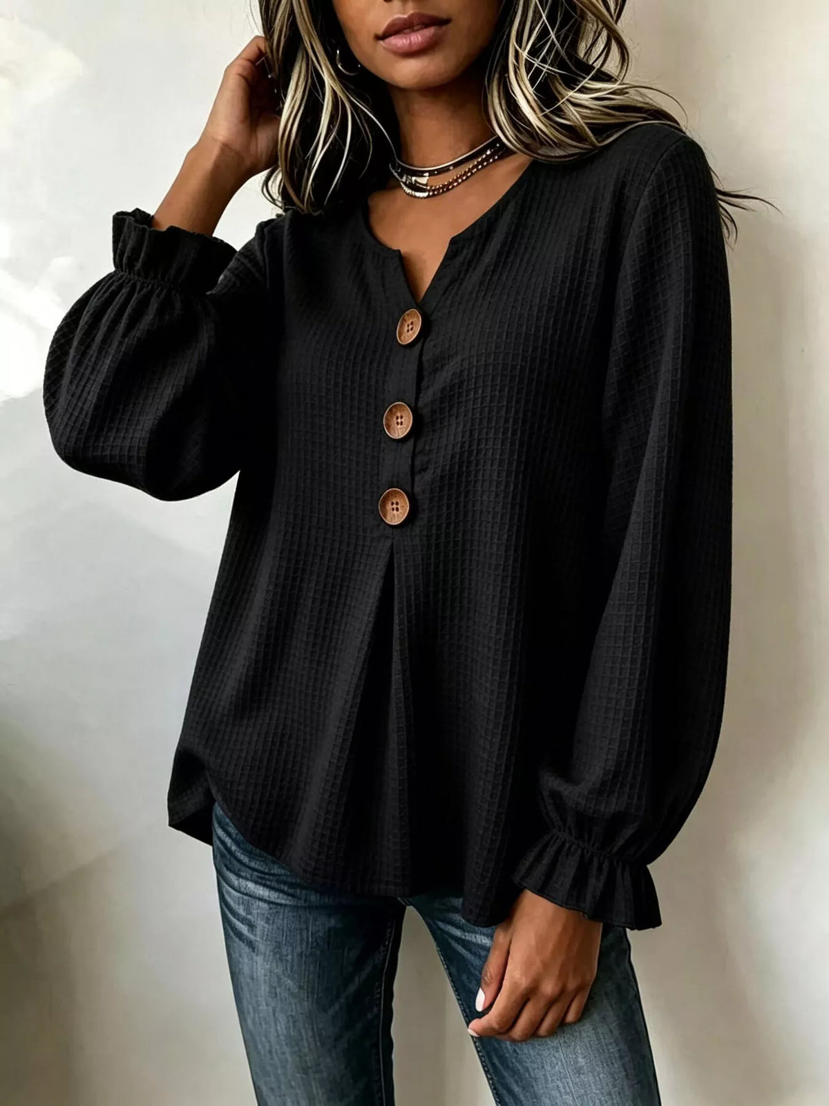 waffle knit long sleeve top | dropsona - neutral - close-up detail