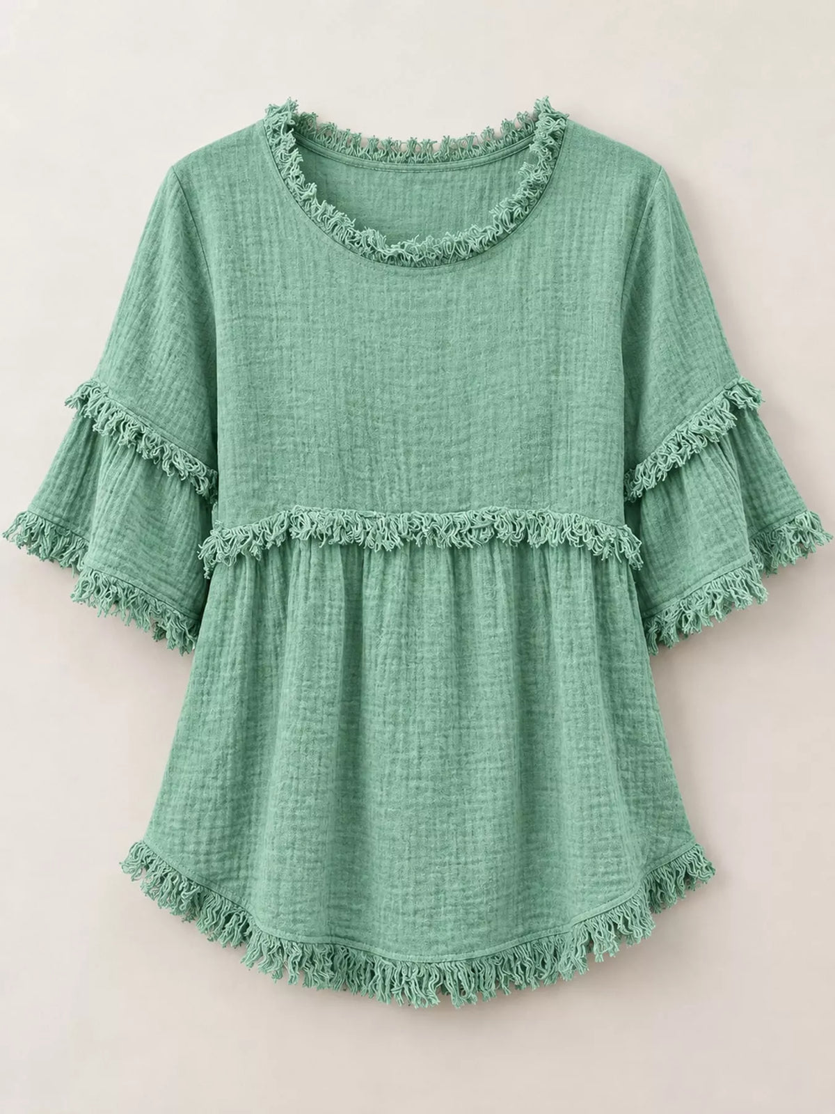 full size frayed edge textured blouse plus | dropsona - neutral - front view
