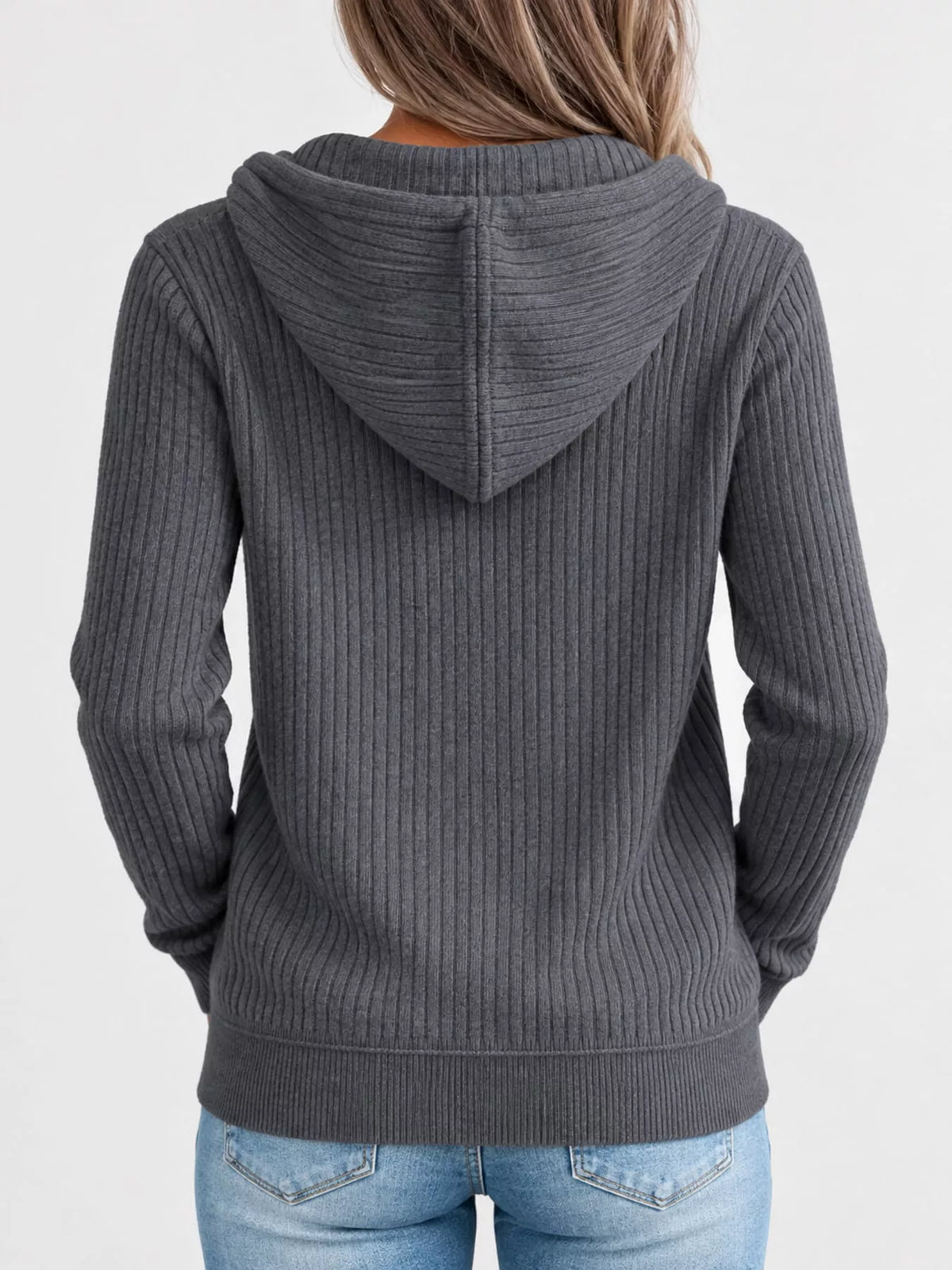 full size ribbed knit zip-up hooded cardigan plus | dropsona - neutral - close-up detail