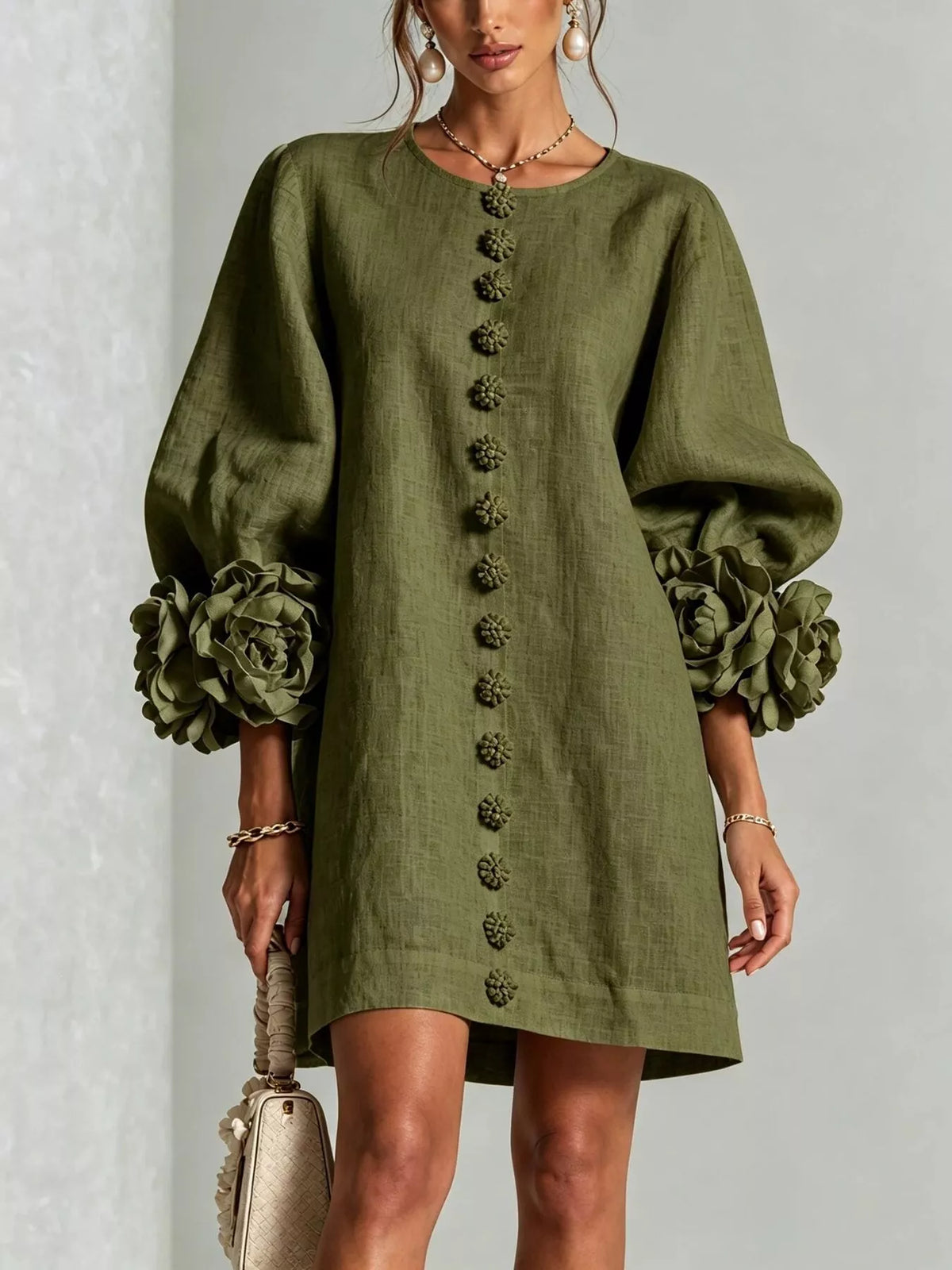 full size 3d floral sleeve round neck dress plus | dropsona - neutral - size reference