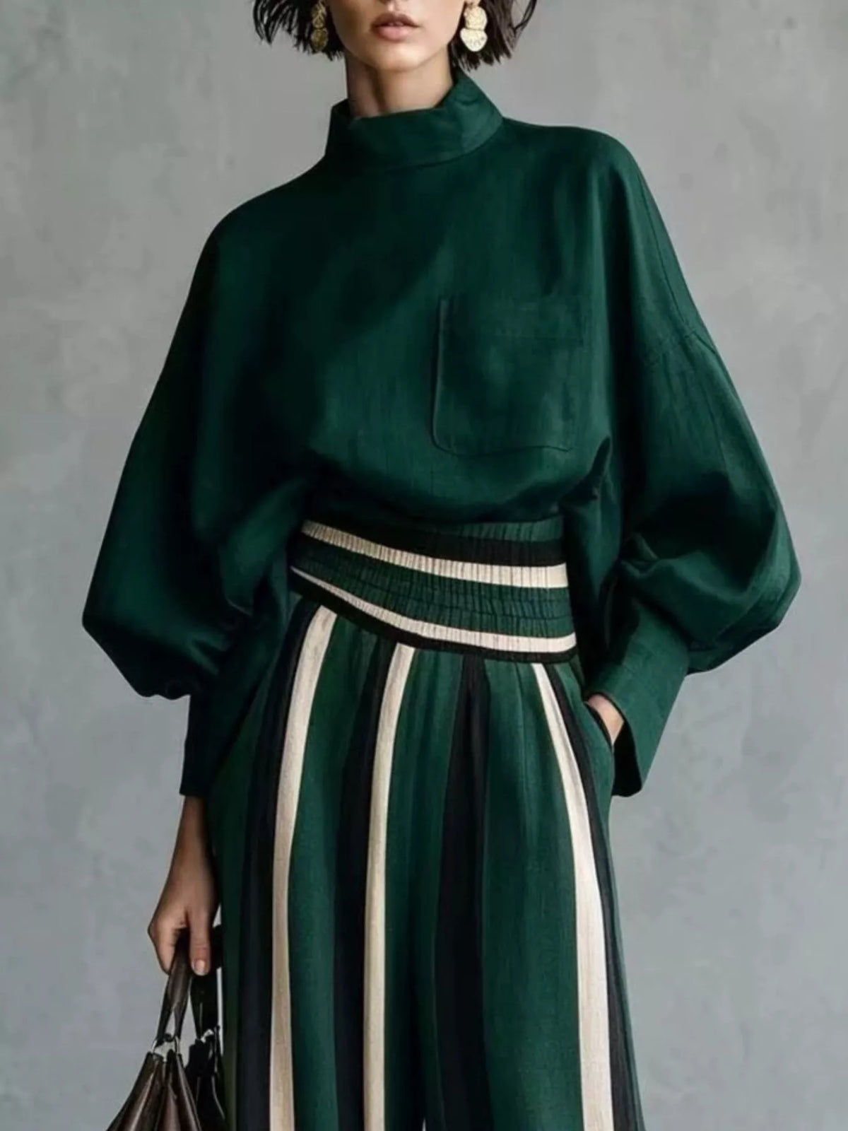 full size mock-neck blouse and striped wide-leg | dropsona - neutral - material texture