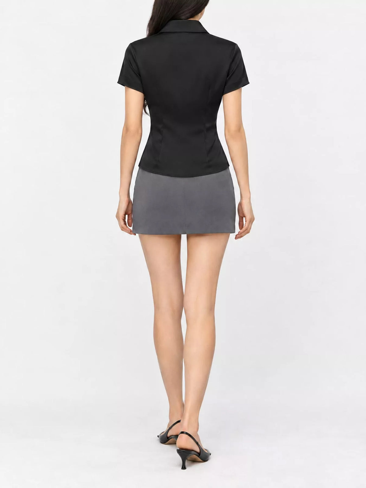 satin short sleeve button-down shirt | dropsona - neutral - front view