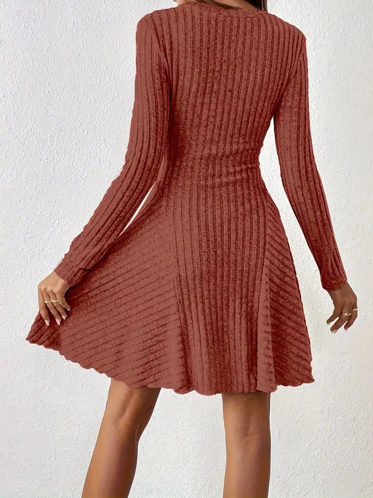 v-neck ribbed knit a-line dress – | dropsona - neutral - packaging