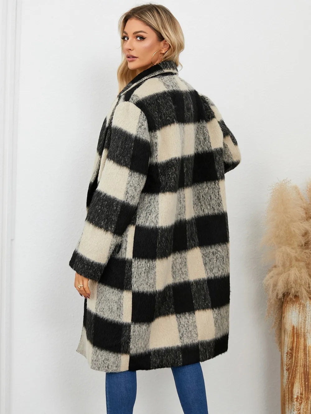 plaid double-breasted long sleeve coat – buttoned | dropsona - neutral - material texture