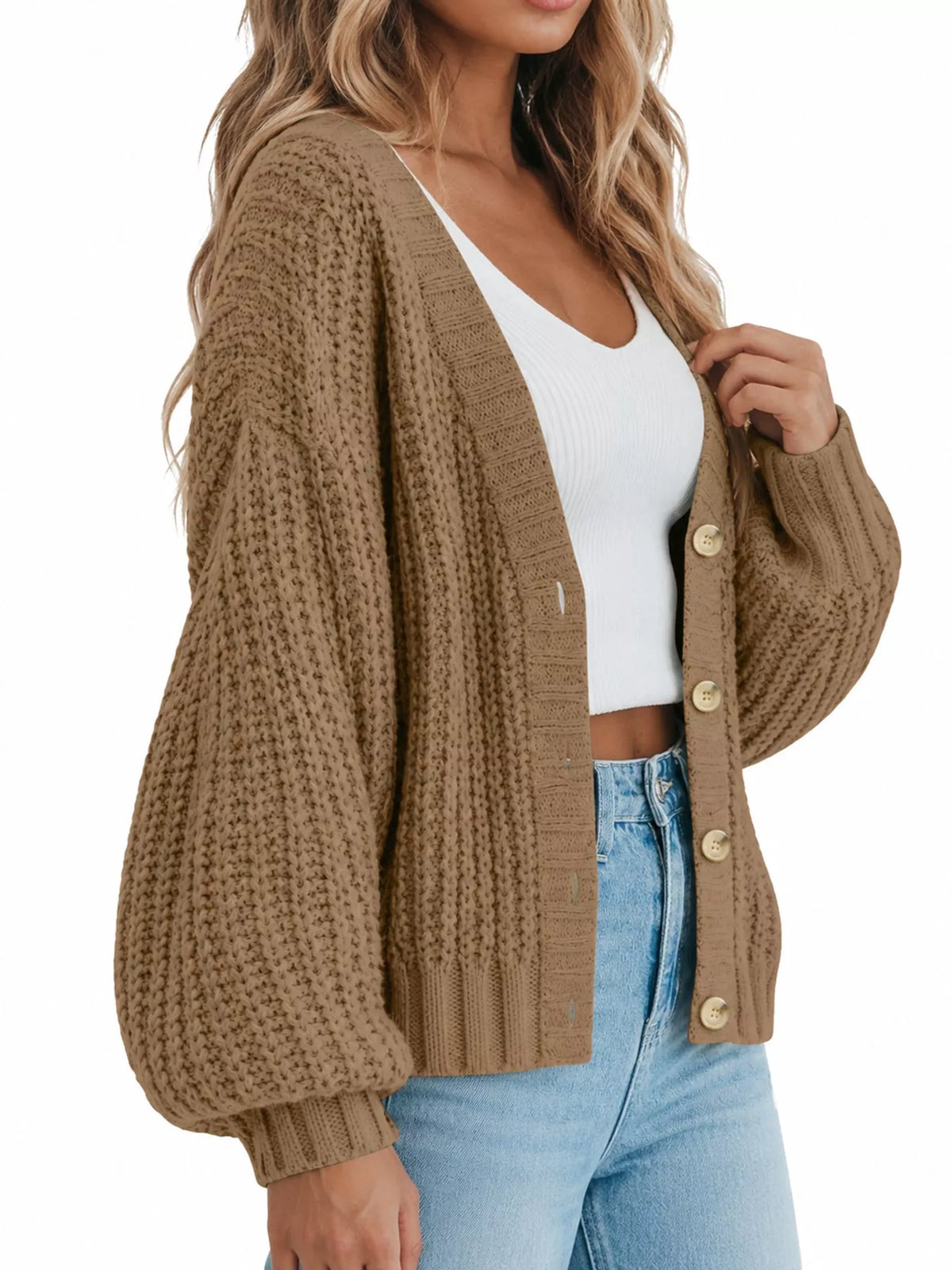 full size chunky knit button-down cardigan plus | dropsona - neutral - size reference