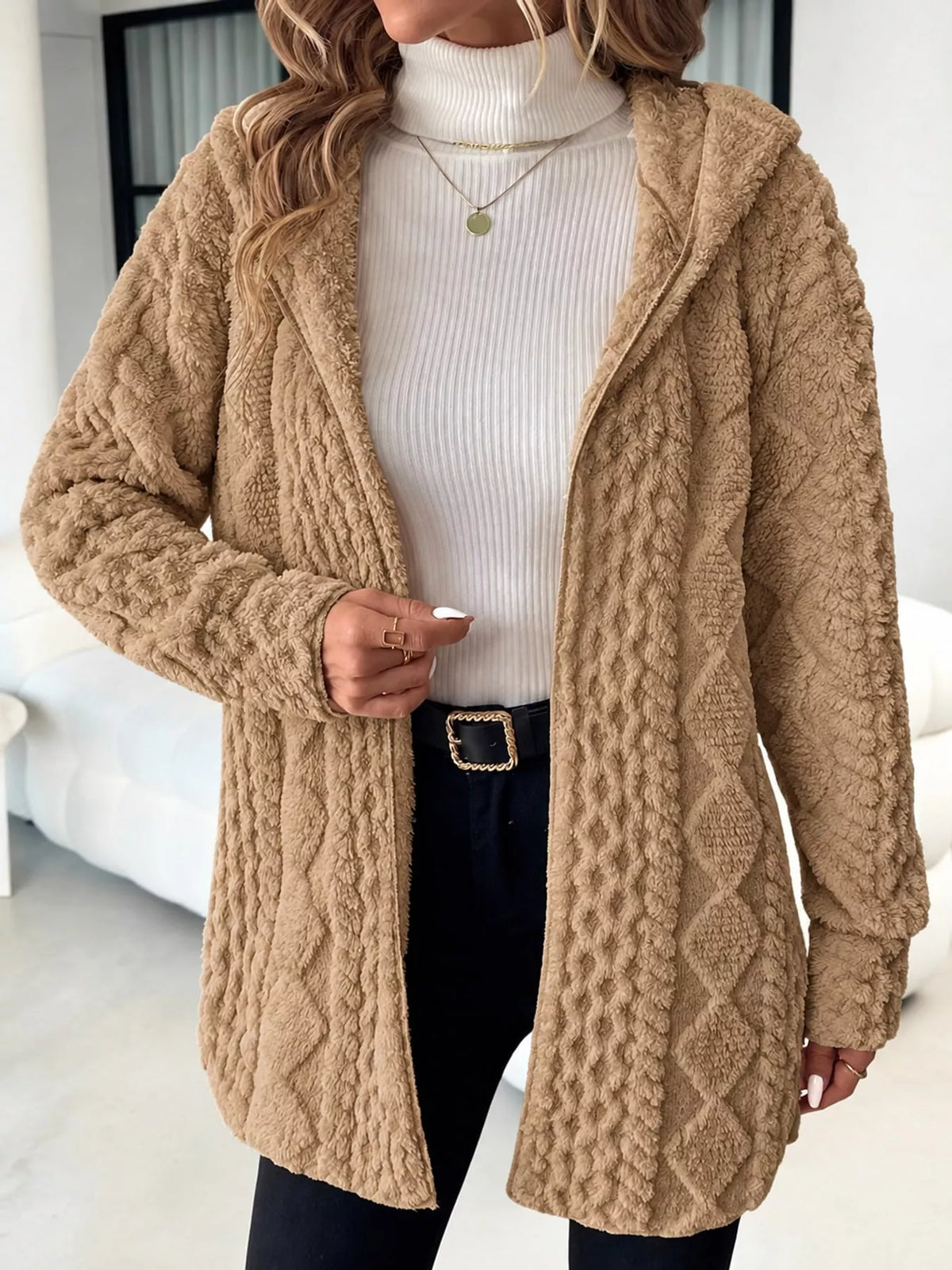 zip up fuzzy hooded outerwear – basic style fit | dropsona - neutral - front view