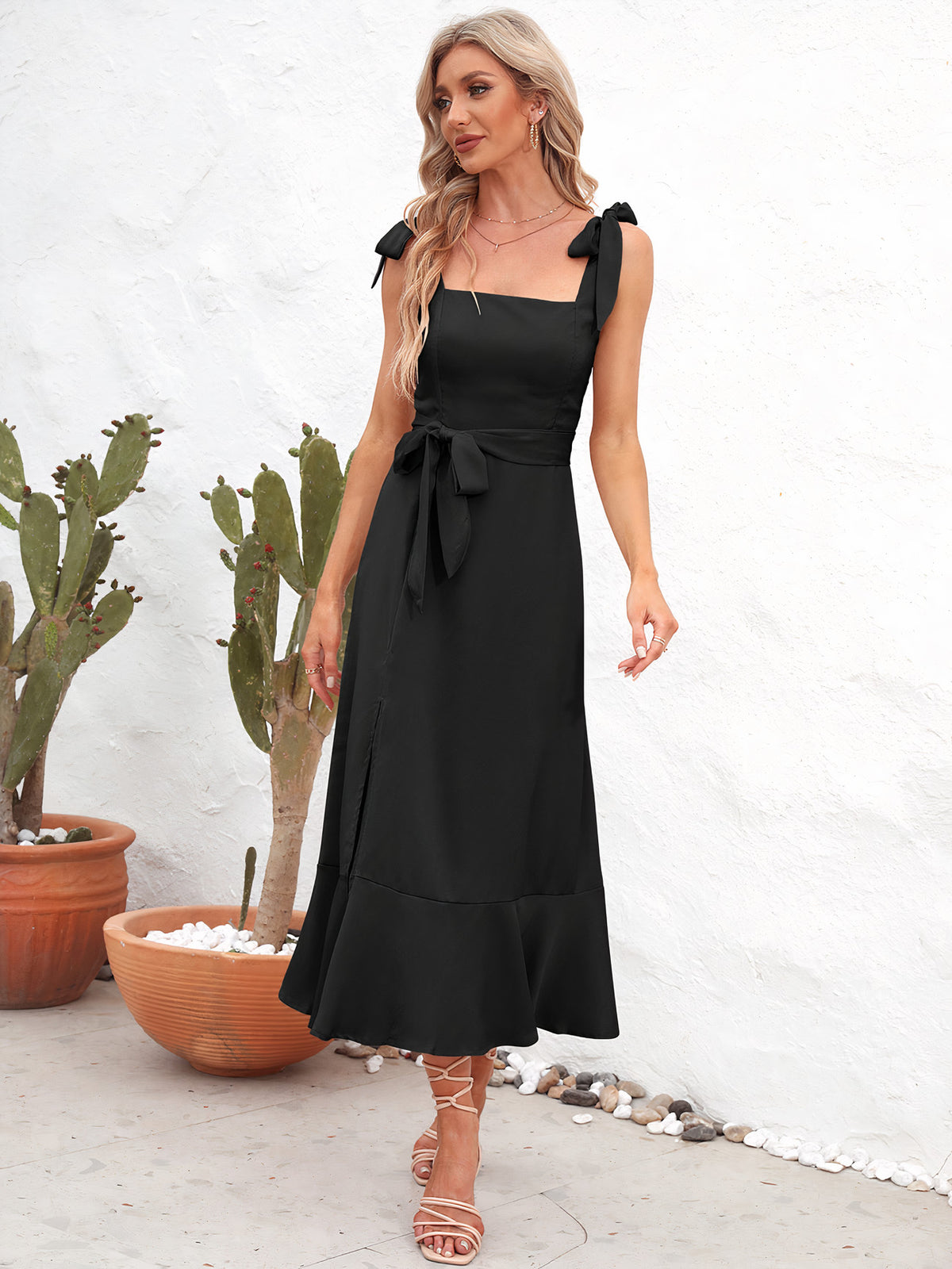 square neck tie strap midi dress - everyday wear