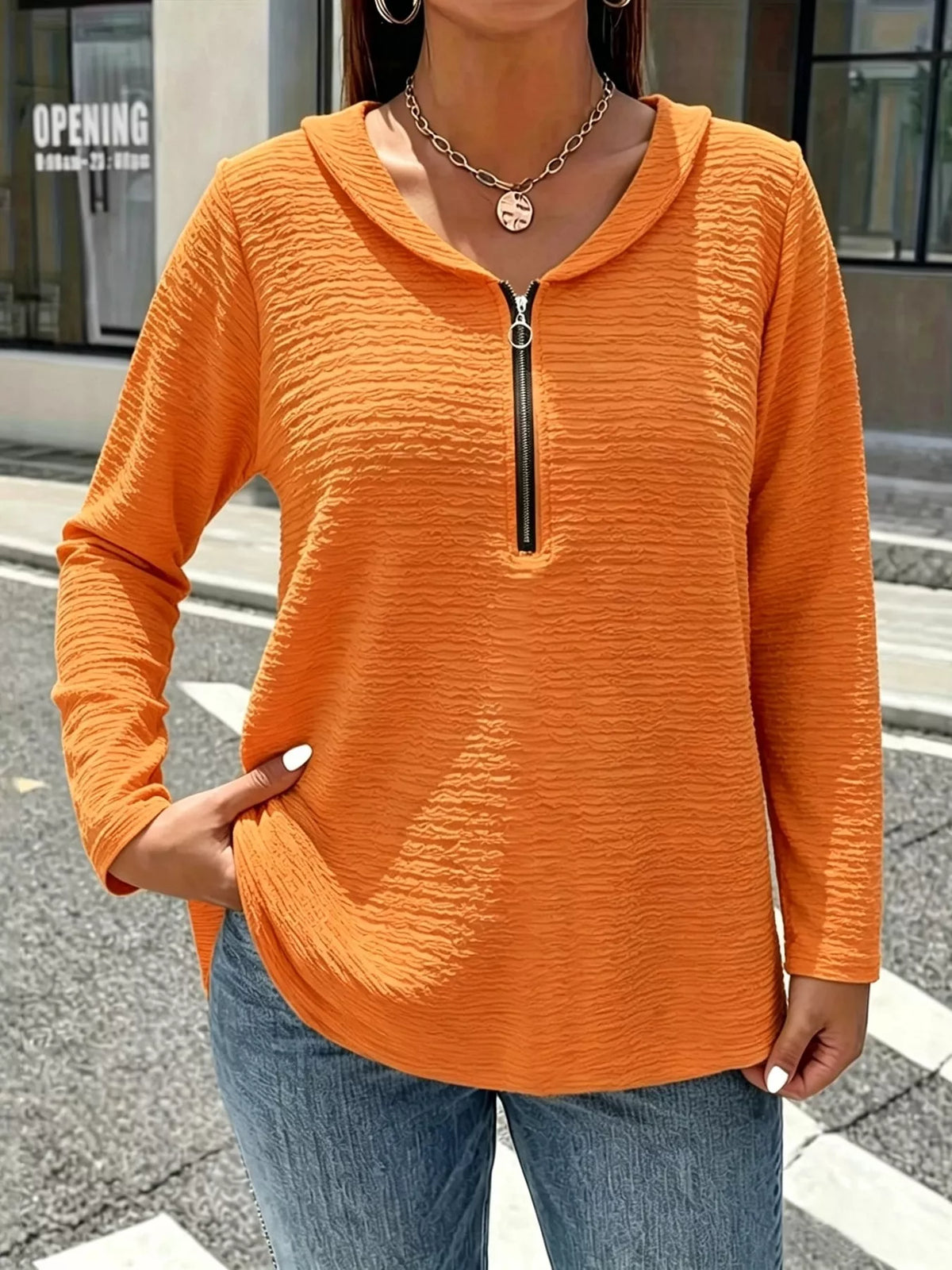 full size textured quarter-zip blouse plus | dropsona - neutral - packaging