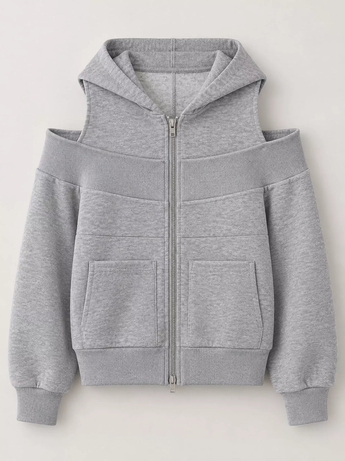 cold shoulder zip-up hoodie – zipper,cutout fit | dropsona - neutral - size reference