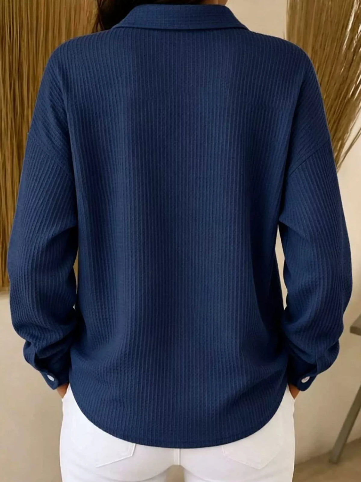 waffle knit button-down shirt – buttoned | dropsona - neutral - close-up detail