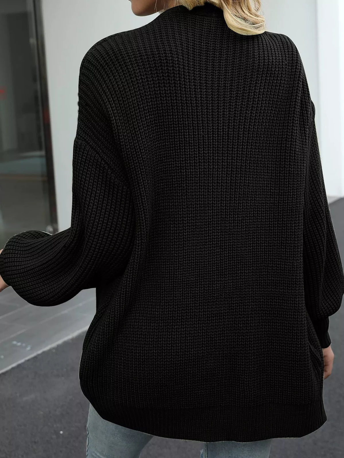 chunky knit open front cardigan with lantern sleeves | dropsona - neutral - front view