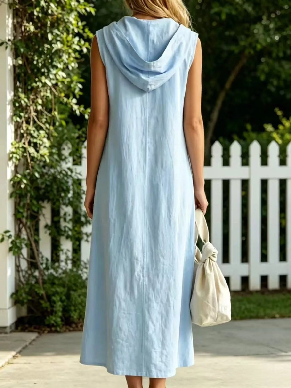 full size slit zip front sleeveless hooded dress plus | dropsona - neutral - close-up detail