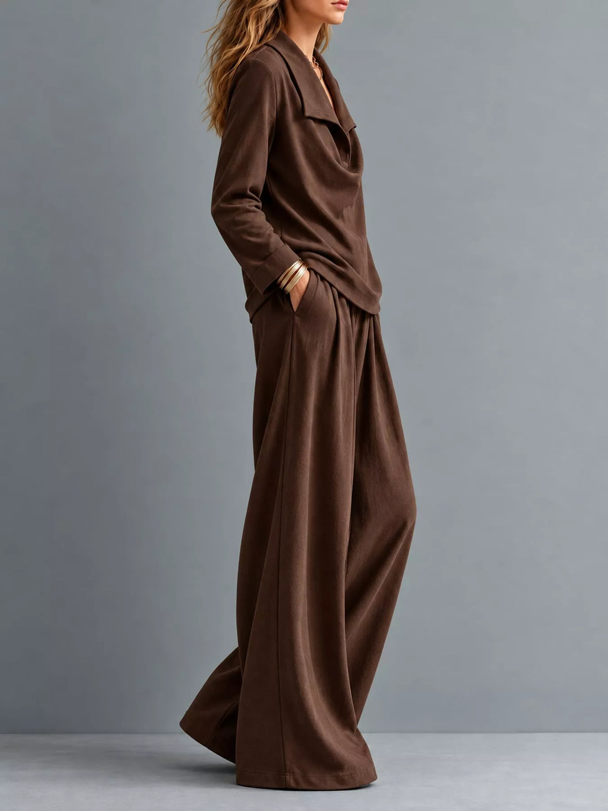 full size casual elegant top and wide-leg pants set | dropsona - neutral - usage example