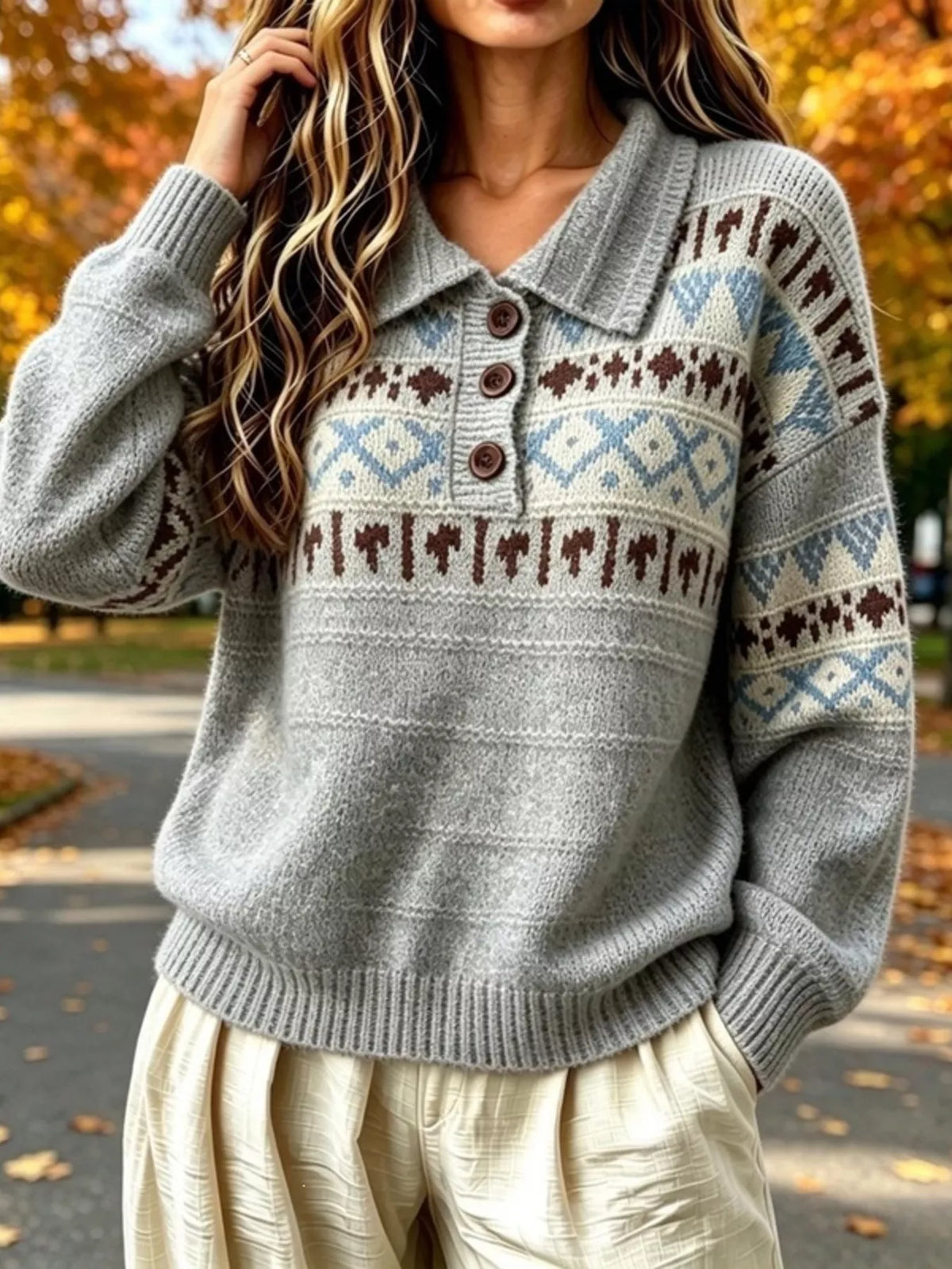 full size vintage fair isle pattern polo collar | dropsona - neutral - size reference