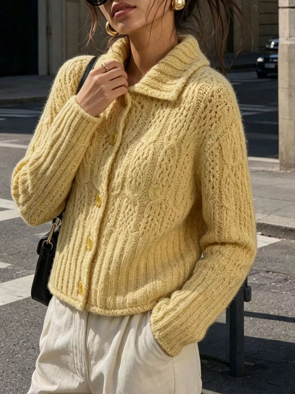 cable-knit button up cardigan – cable-knit,buttoned | dropsona - neutral - front view