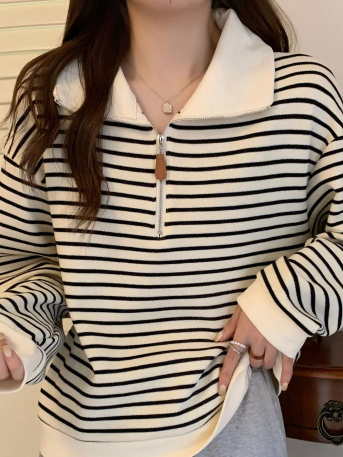 plus size striped quarter-zip pullover sweatshirt | dropsona - neutral - material texture
