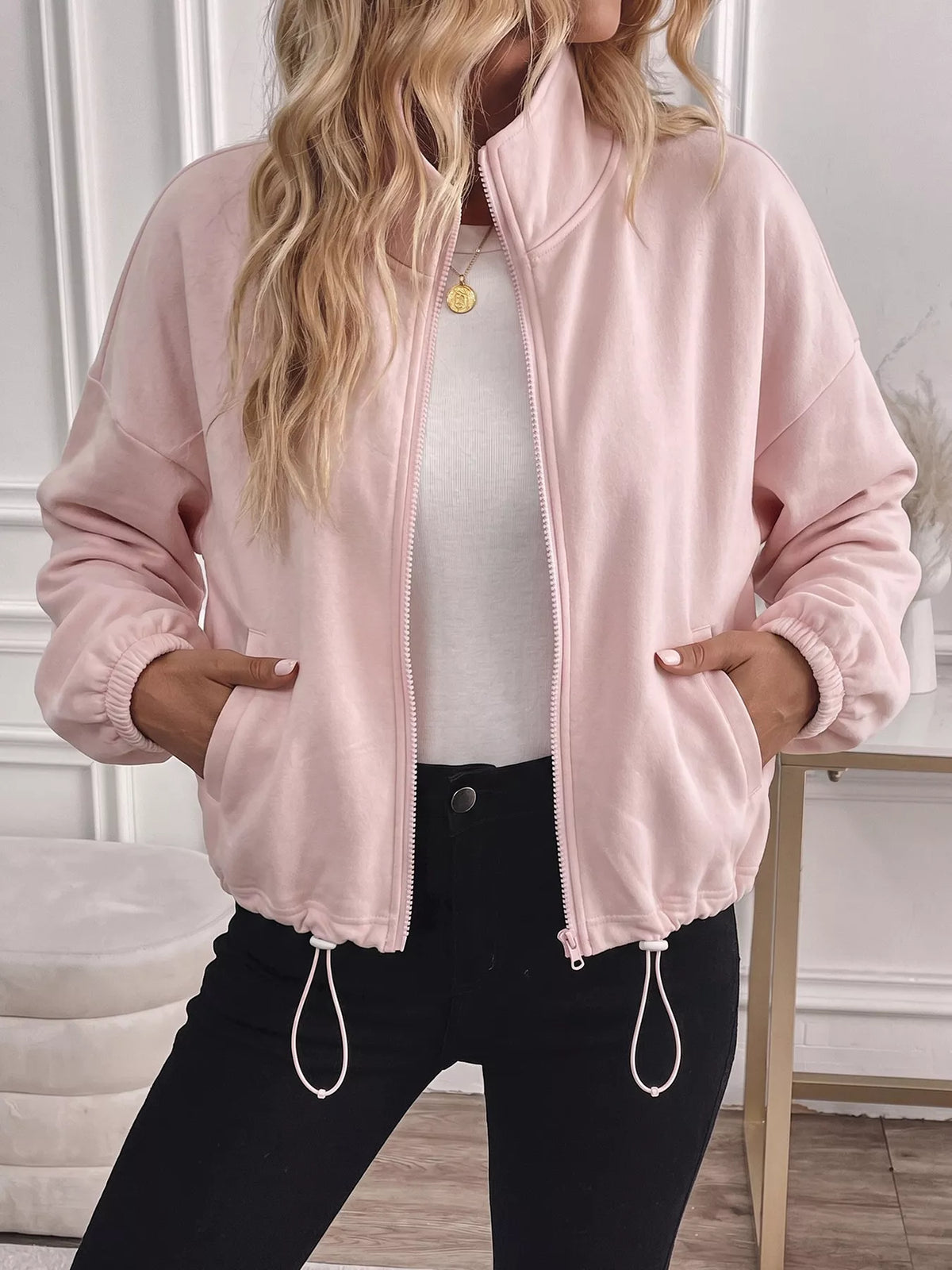 zip-up drawstring hem sweatshirt | dropsona - neutral - everyday use