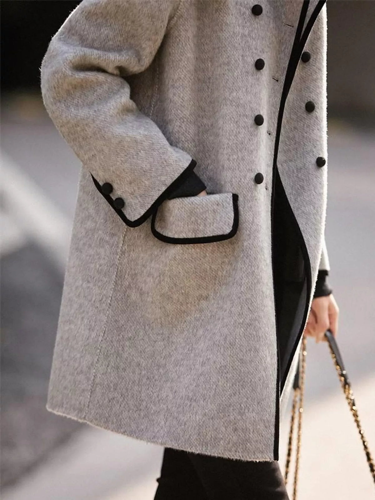 plus size double-breasted coat with contrast trim | dropsona - neutral - usage example