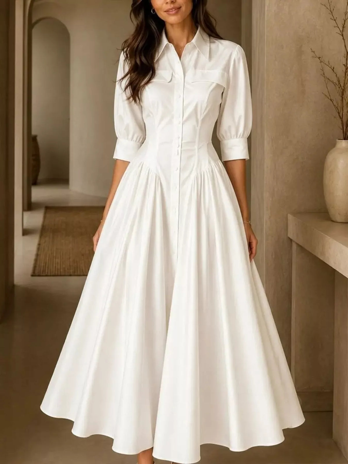 full size elegant button-down shirt dress with | dropsona - neutral - everyday use