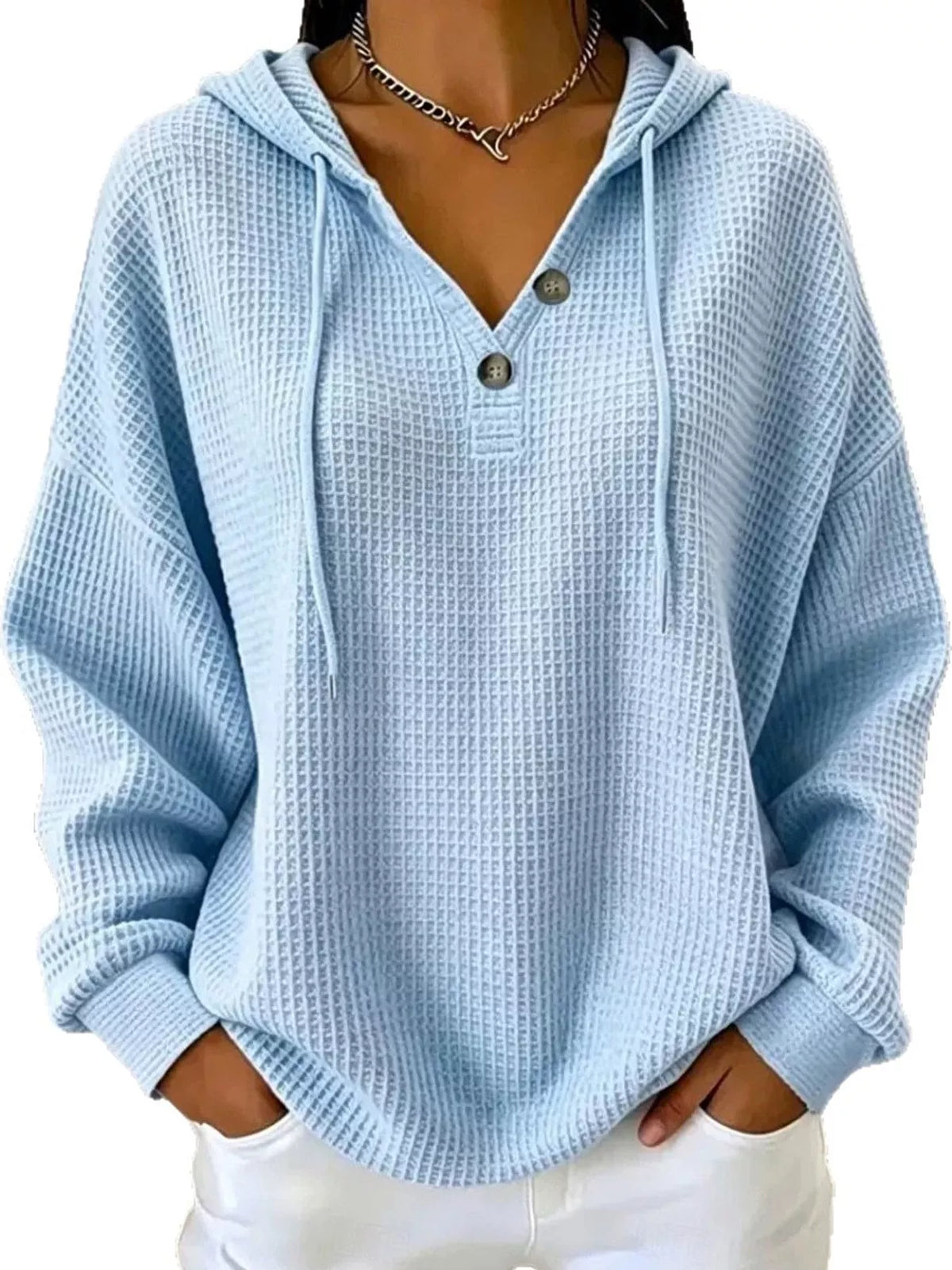 full size waffle knit button detail hoodie plus | dropsona - neutral - size reference