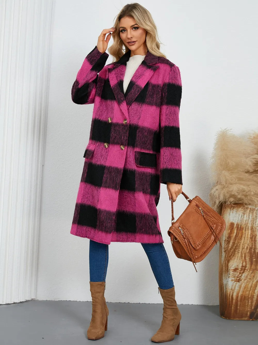 plaid double-breasted long sleeve coat – buttoned | dropsona - neutral - front view