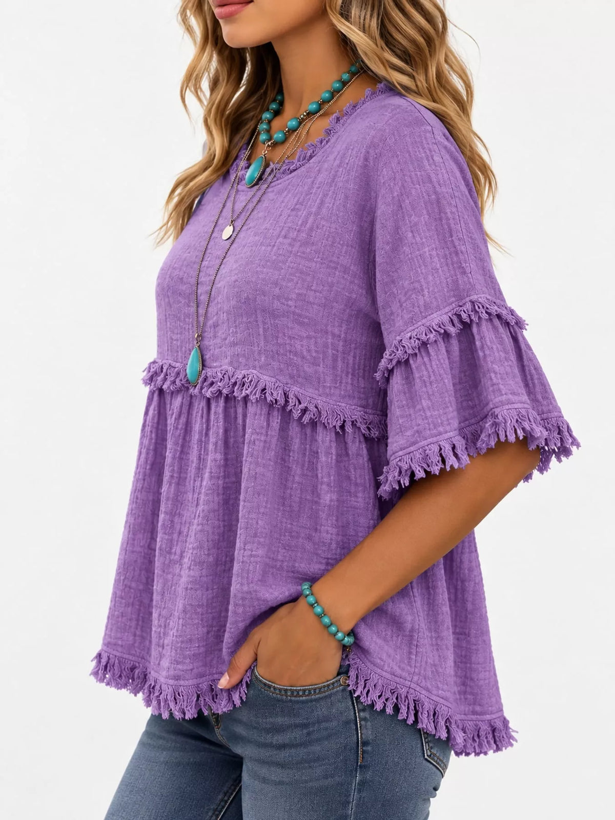 full size frayed edge textured blouse plus | dropsona - neutral - size reference