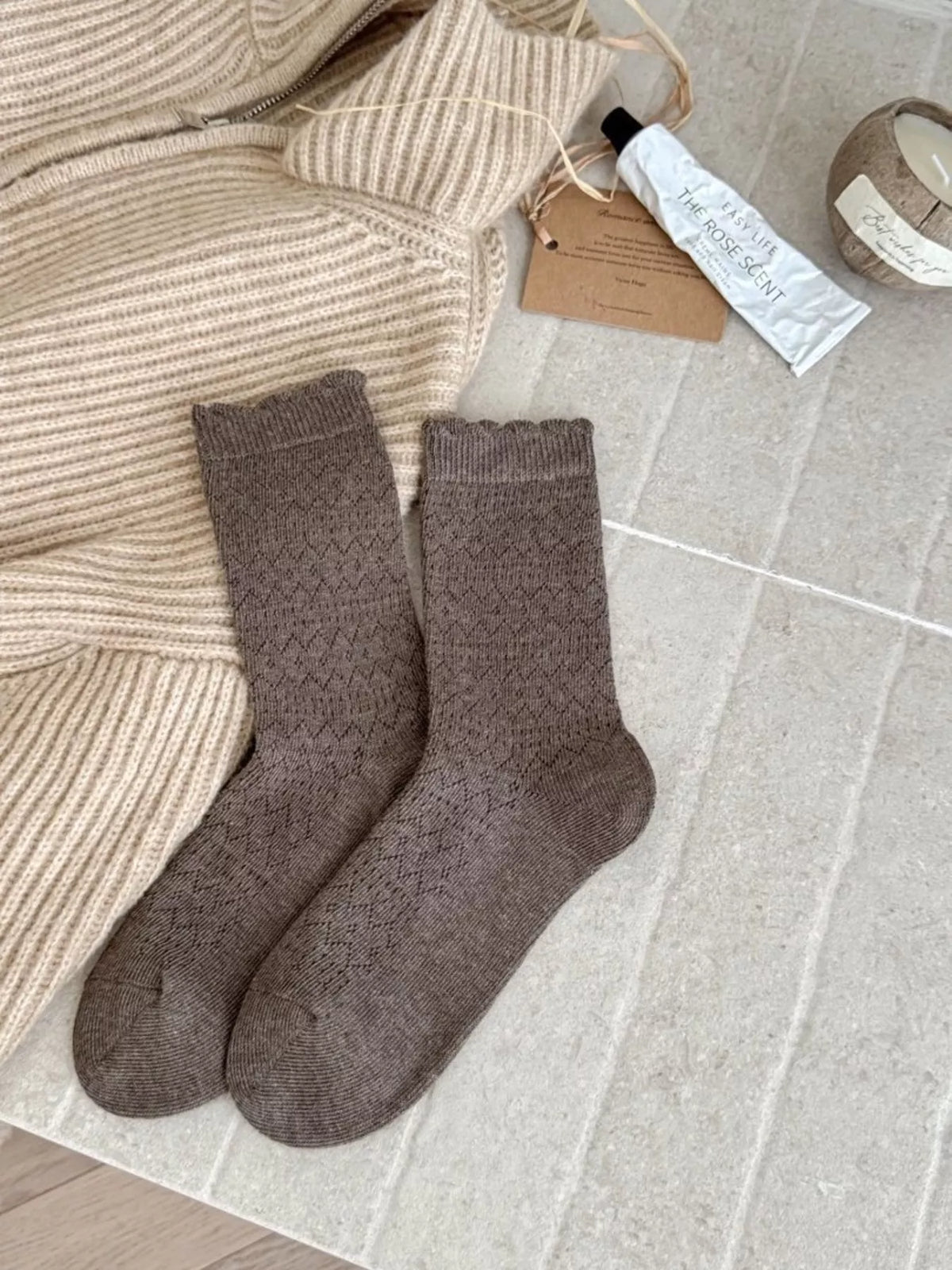 vintage hollow-out knit mid-calf socks | dropsona - neutral - front view