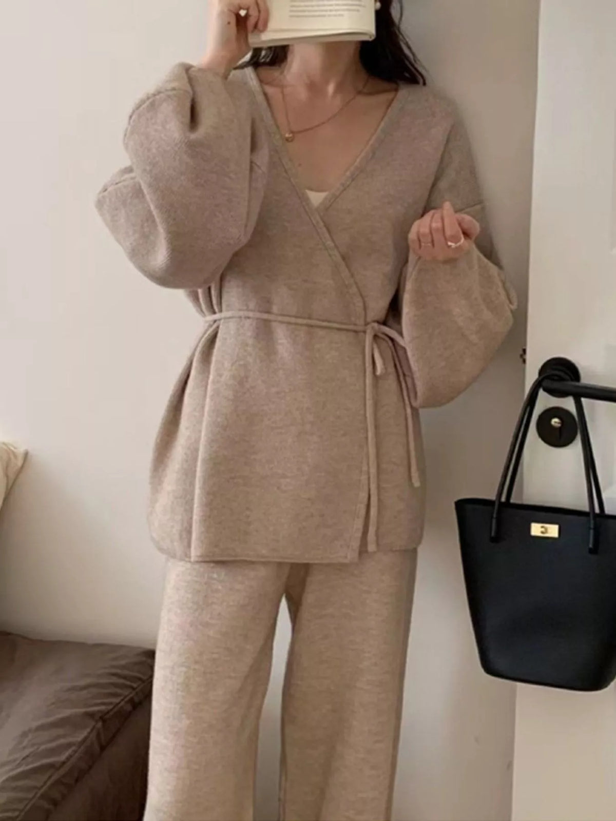 v-neck tied wrap cardigan and wide-leg pants sweater | dropsona - neutral - close-up detail