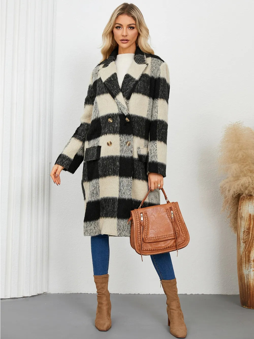 plaid double-breasted long sleeve coat – buttoned | dropsona - neutral - close-up detail