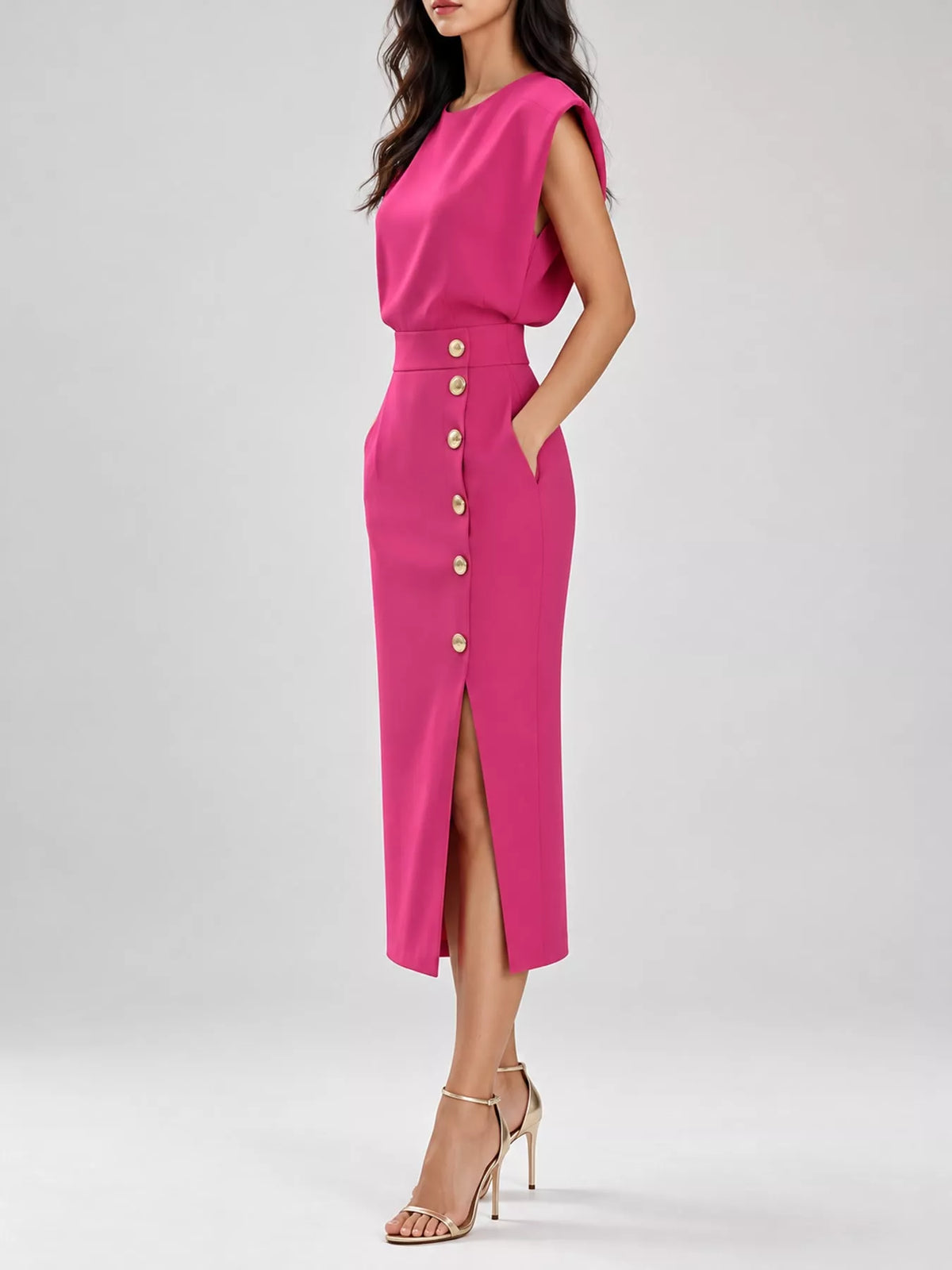 sleeveless midi dress with gold button detail and | dropsona - neutral - front view