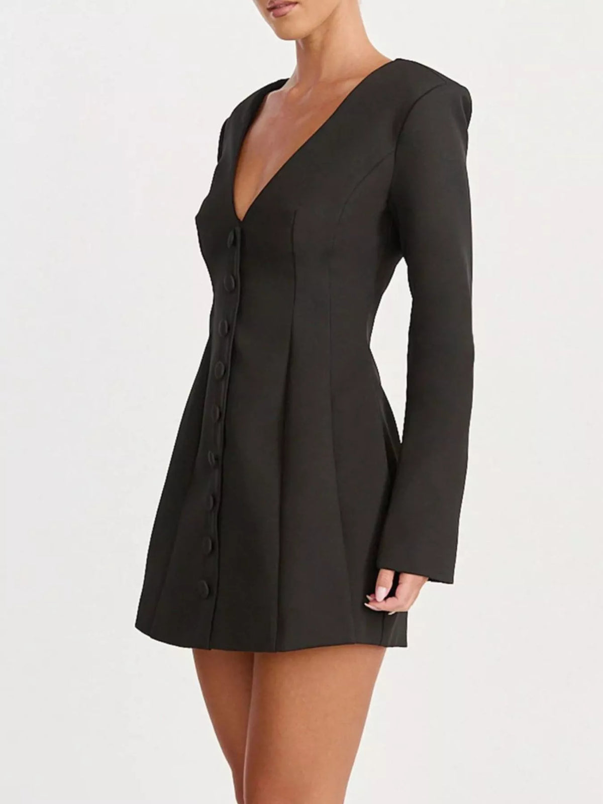 deep v-neck button-down blazer dress – buttoned,zipper | dropsona - neutral - close-up detail