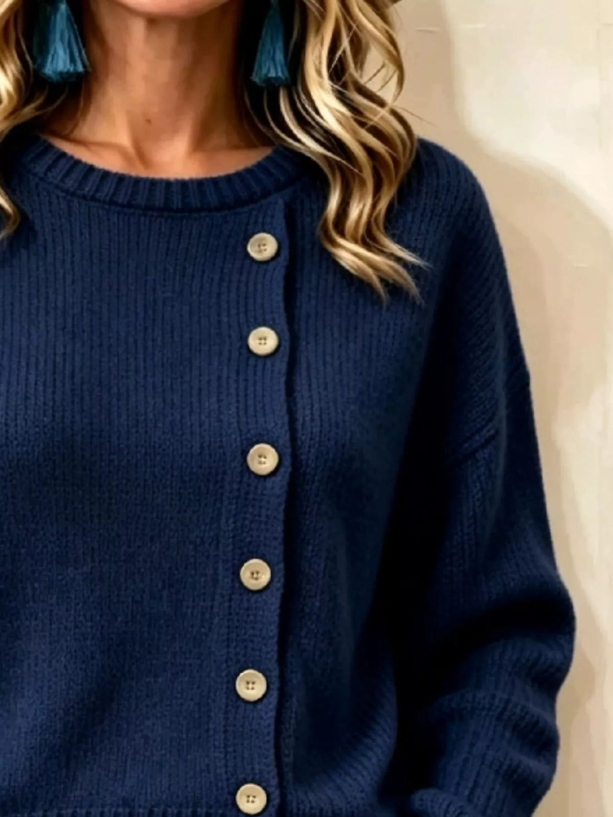 decorative button dropped shoulder sweater – buttoned | dropsona - neutral - material texture