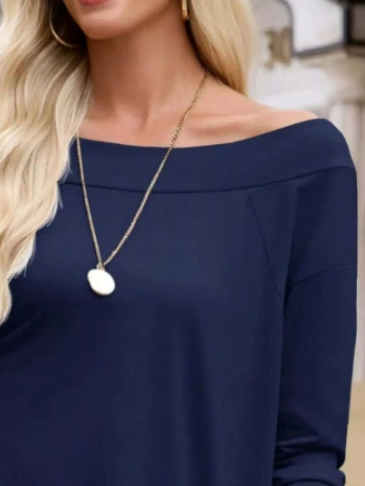 elegant off-shoulder long sleeve casual t-shirt | dropsona - neutral - close-up detail