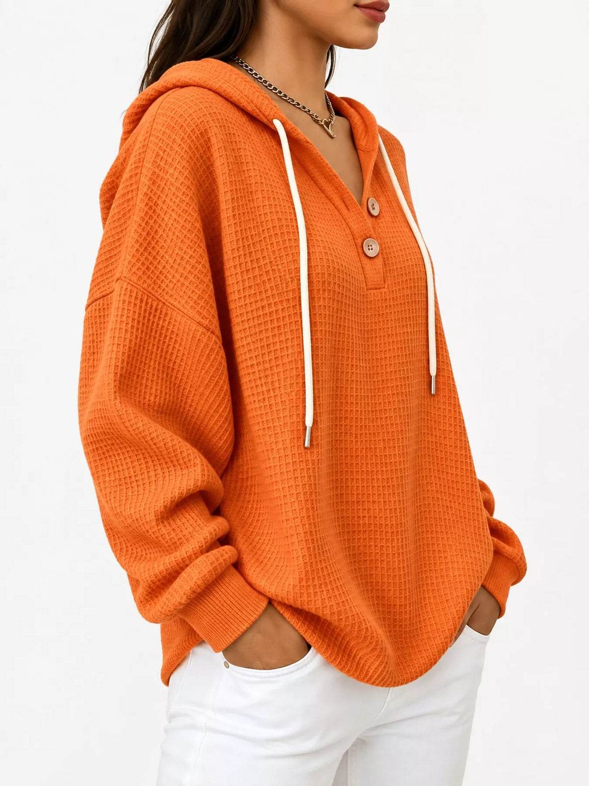 full size waffle knit button detail hoodie plus | dropsona - neutral - packaging