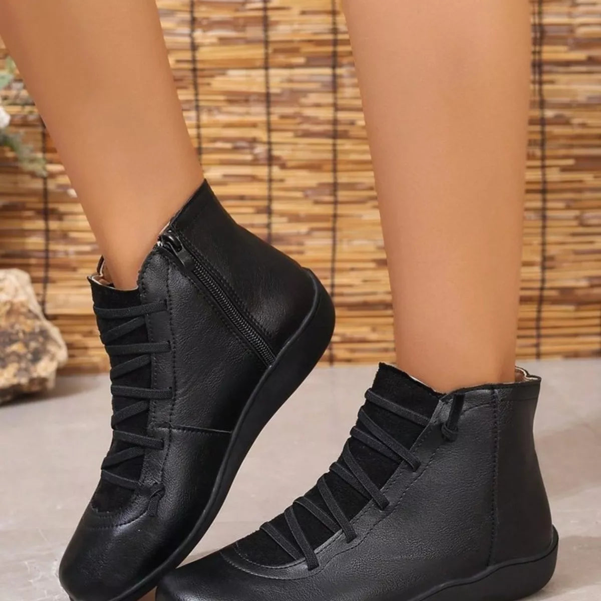 round toe lace up boots – classy ballet flats | dropsona - neutral - front view