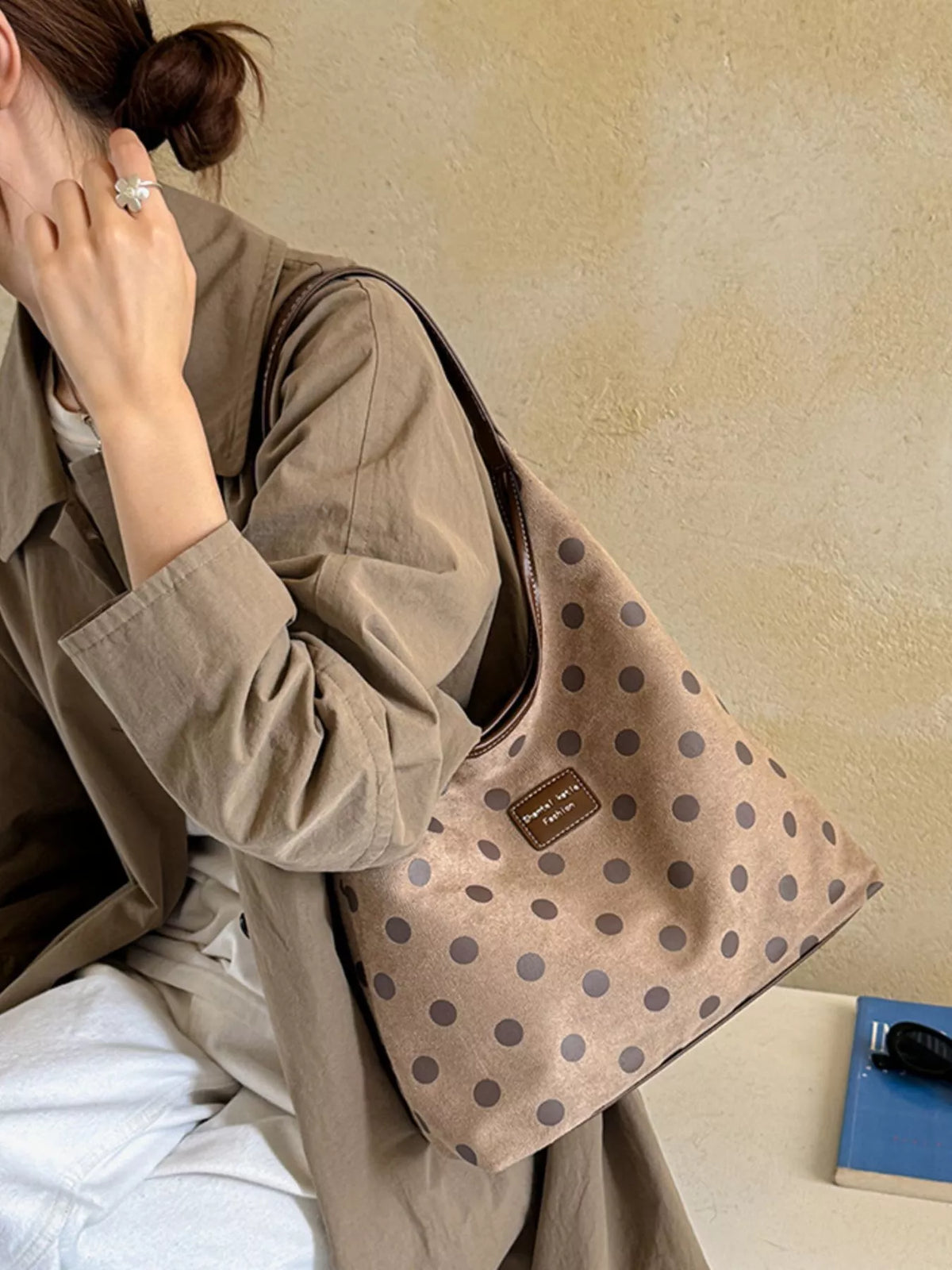 vintage polka dot suede shoulder bag – stylish sling | dropsona - neutral - front view