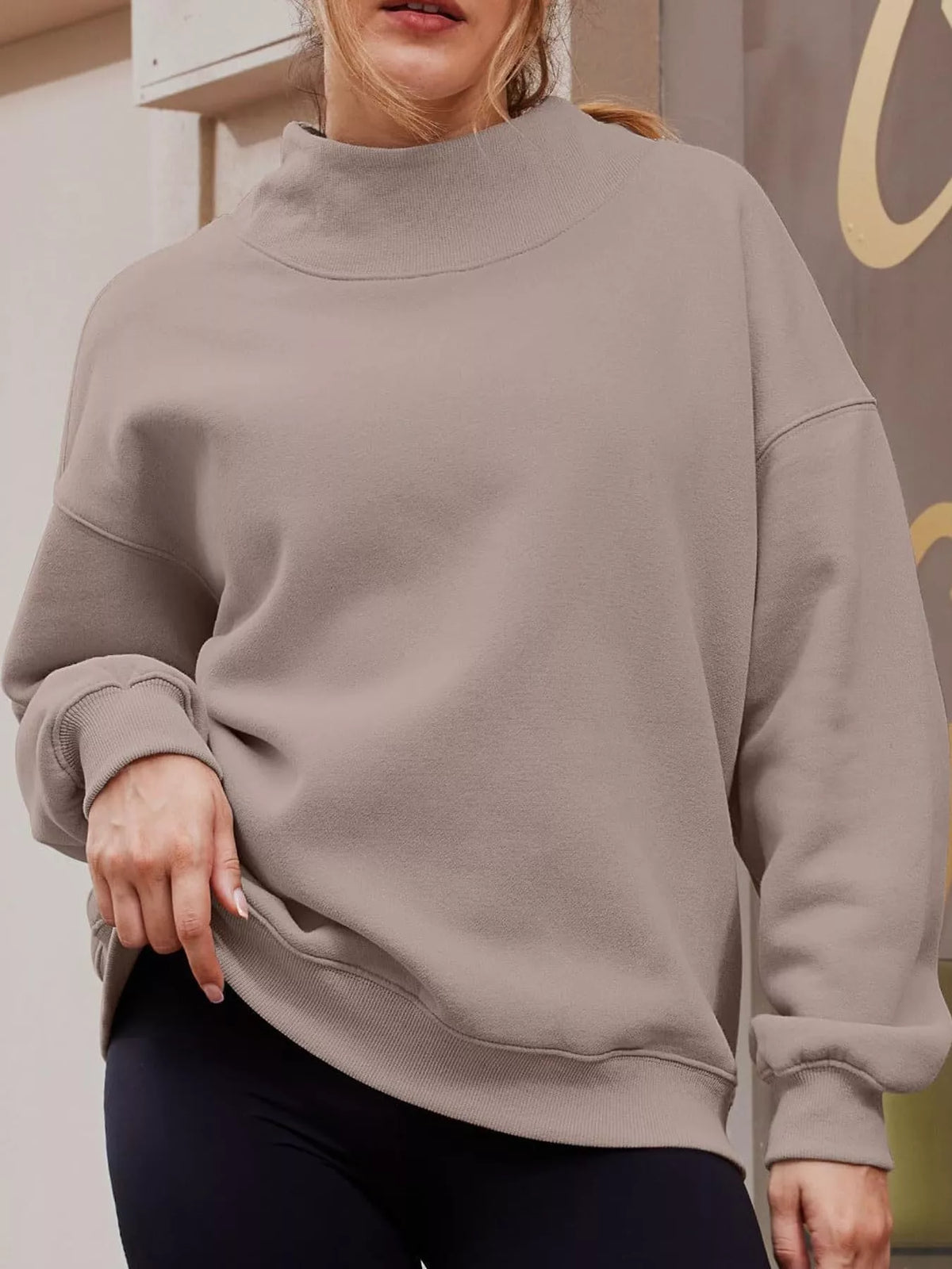 oversized mock neck long sleeve sweatshirt | dropsona - neutral - size reference