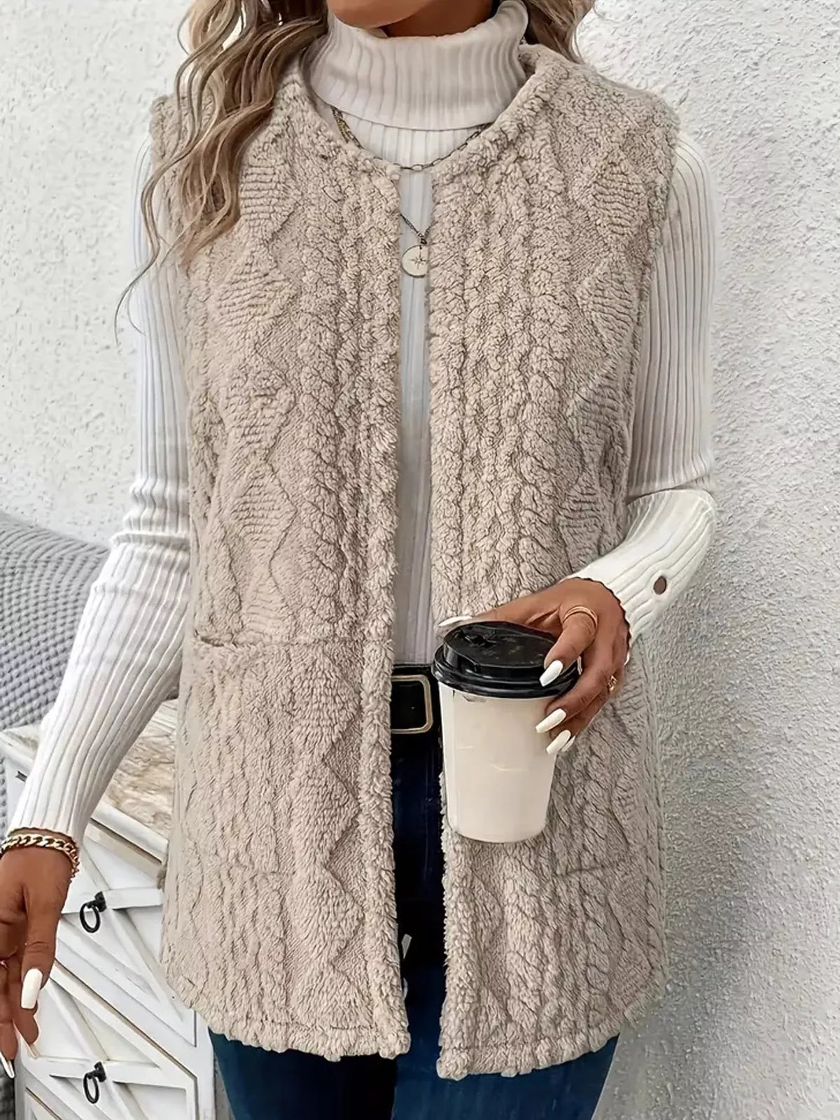 sherpa open front vest coat – pocketed,thermal closure | dropsona - neutral - everyday use