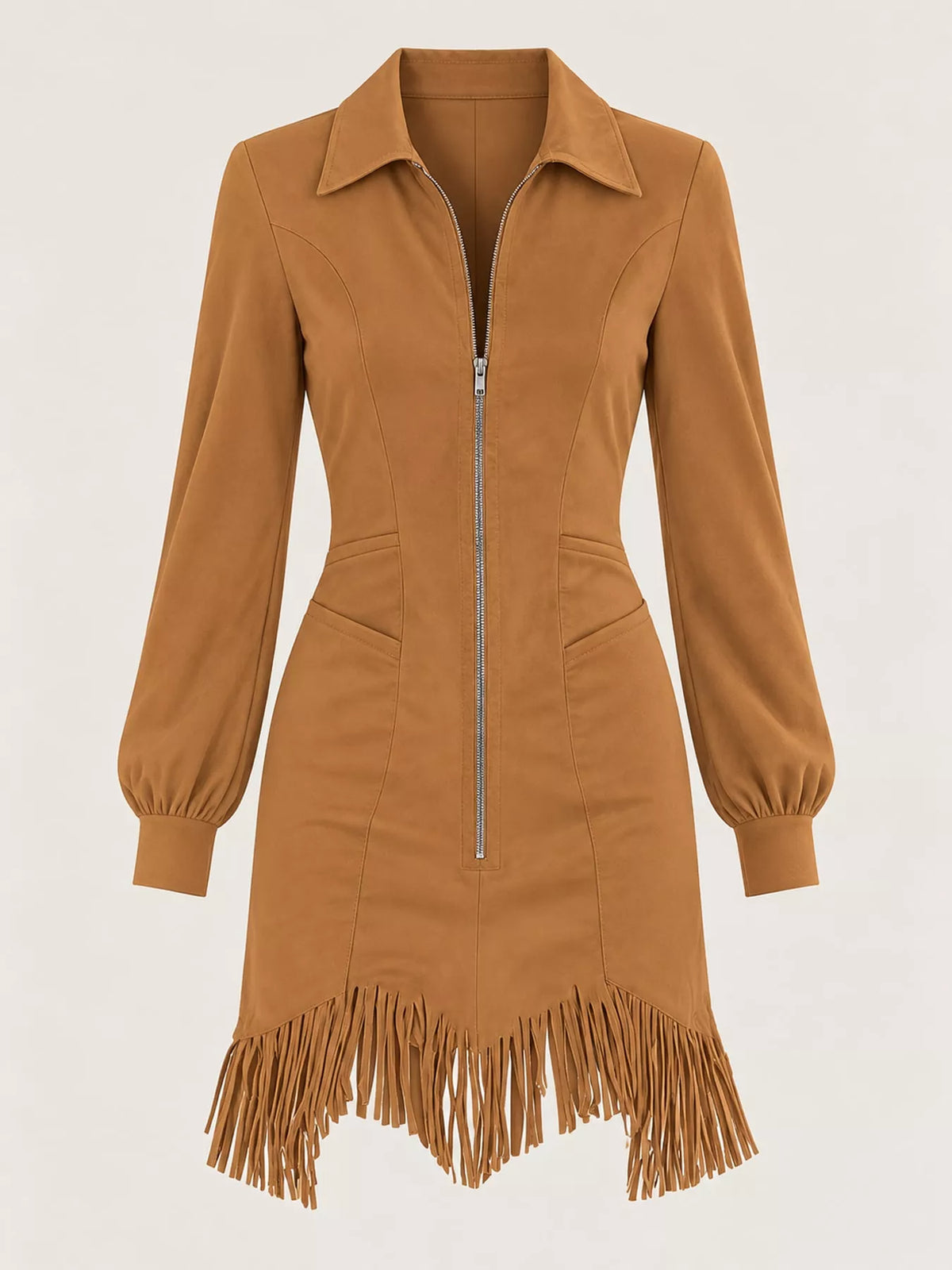 zip-front long sleeve fringe hem mini dress | dropsona - neutral - front view