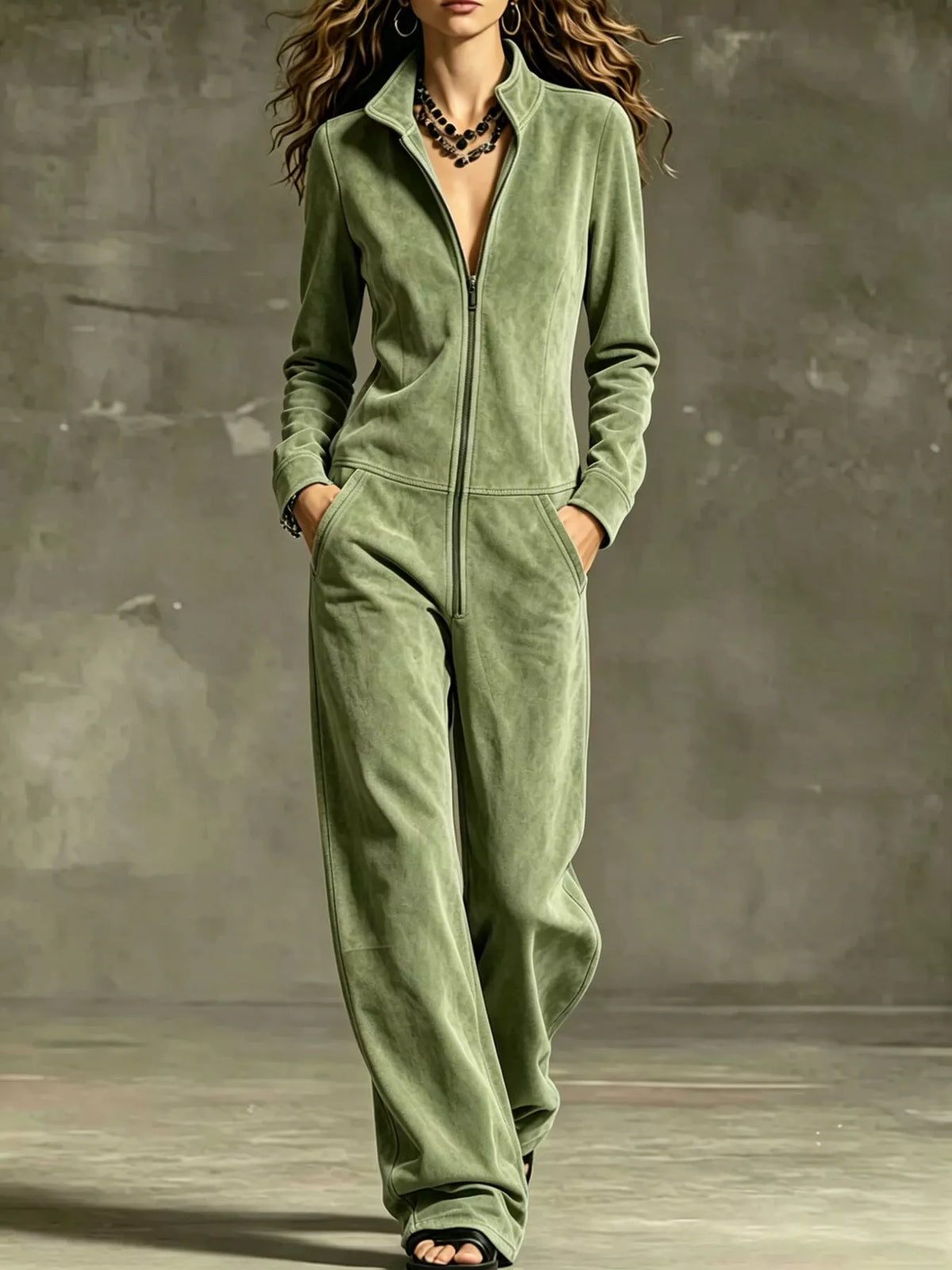 full size chic velour zip-up jumpsuit with pockets | dropsona - neutral - size reference