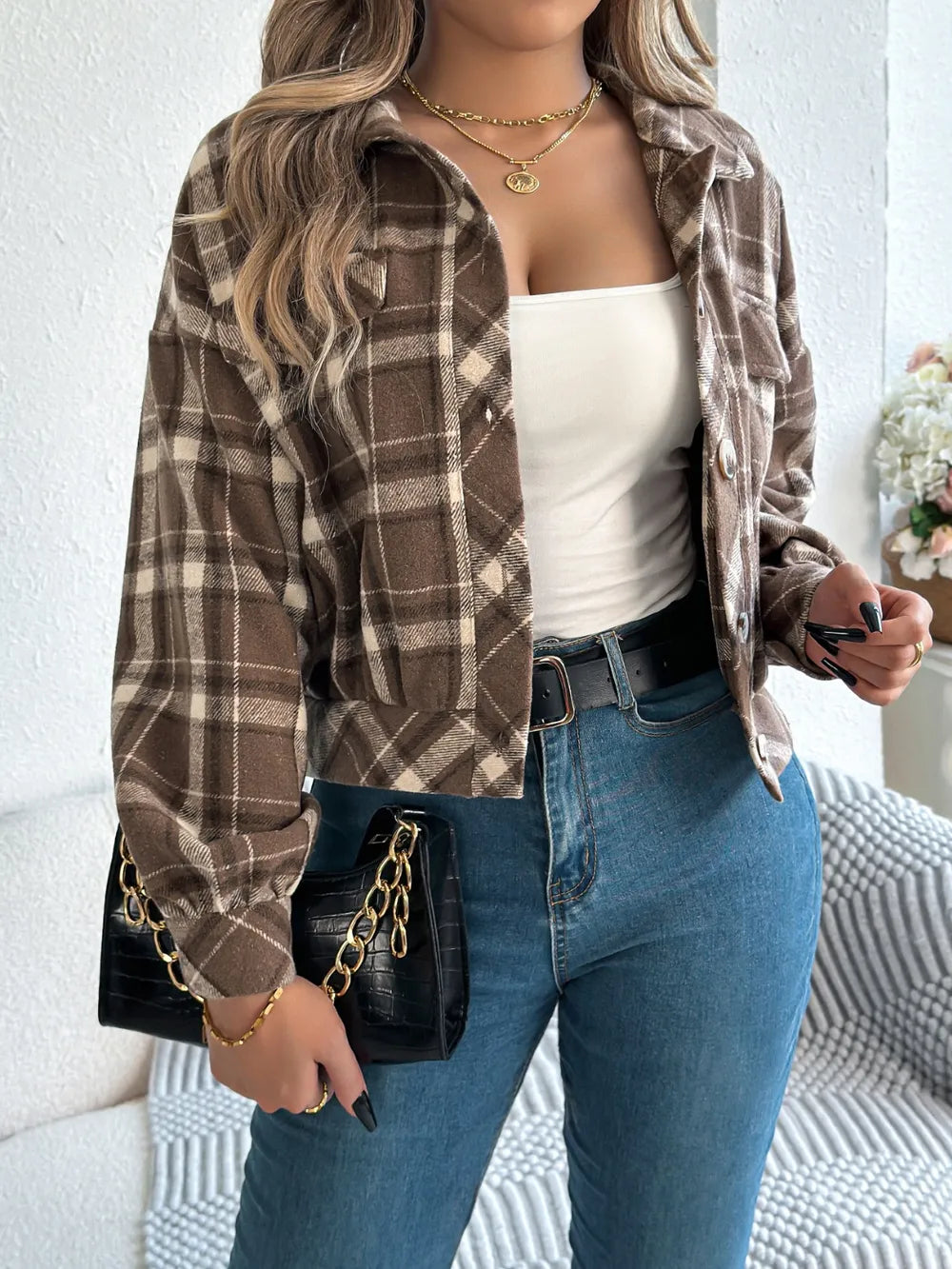 plaid button up long sleeve jacket – buttoned | dropsona - neutral - usage example