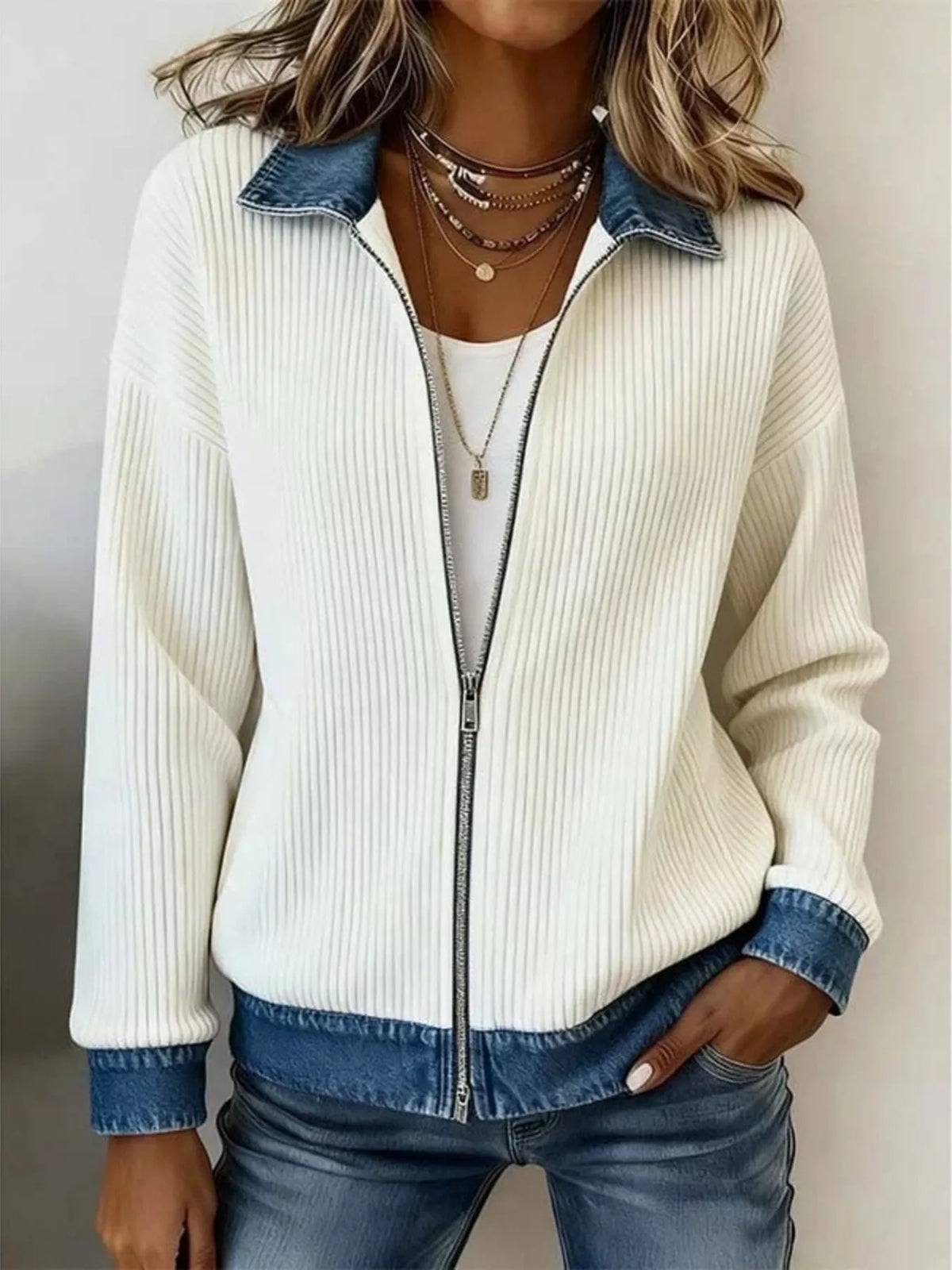 contrast denim collar ribbed knit jacket – zipper | dropsona - neutral - front view