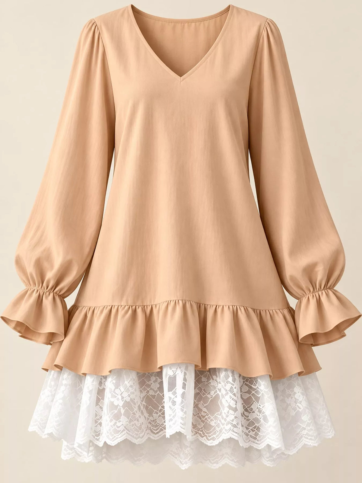 lace hem v-neck flounce sleeve dress | dropsona - neutral - front view