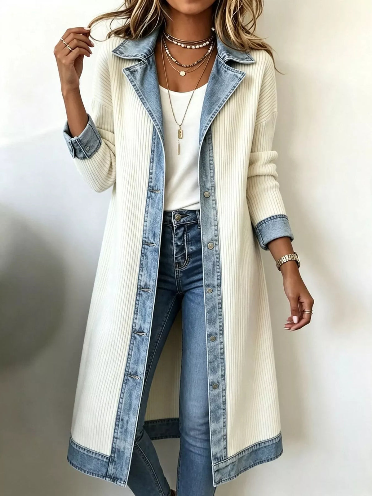 full size denim-trimmed ribbed knit longline cardigan | dropsona - neutral - everyday use