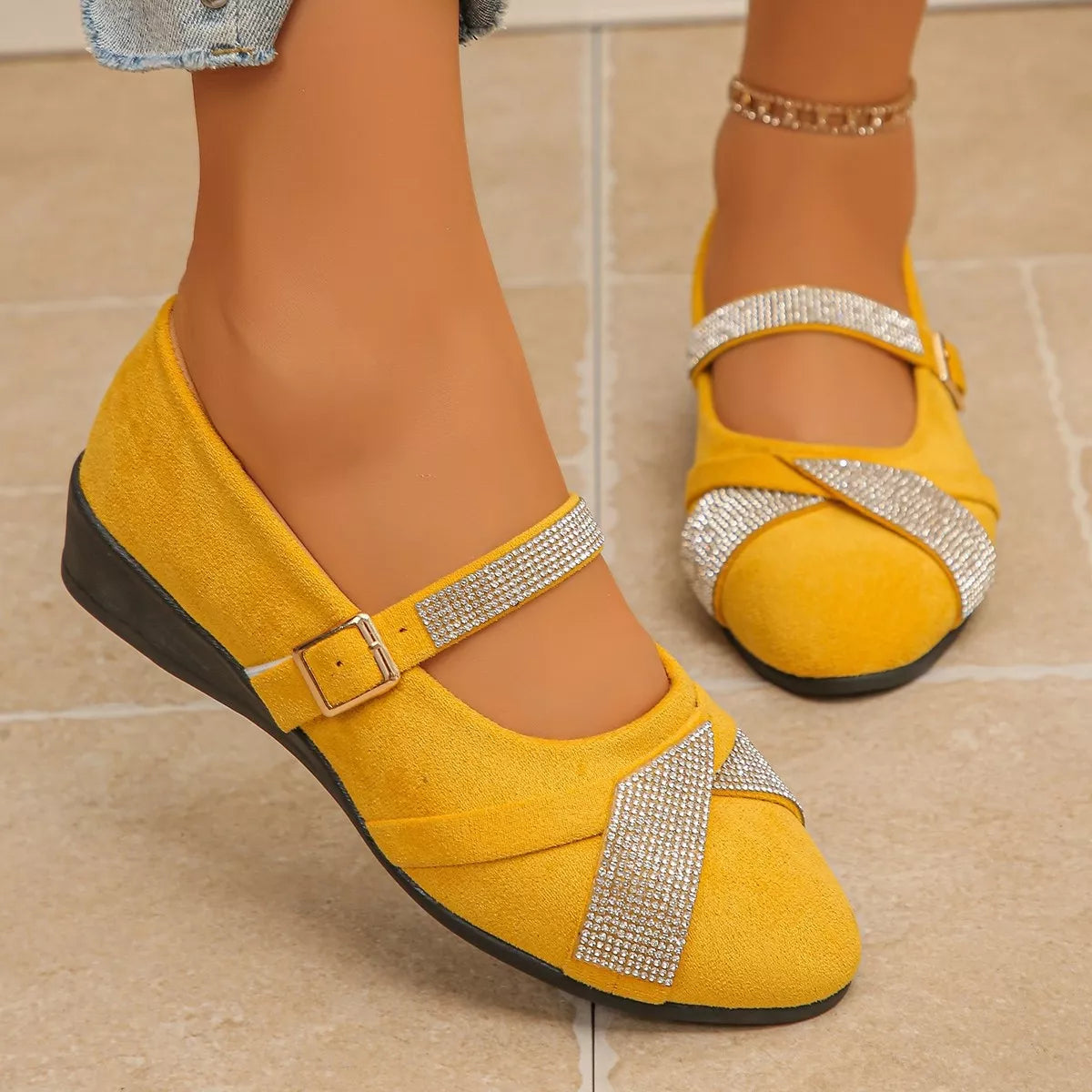 rhinestone embellished suede loafers with adjustable | dropsona - neutral - usage example