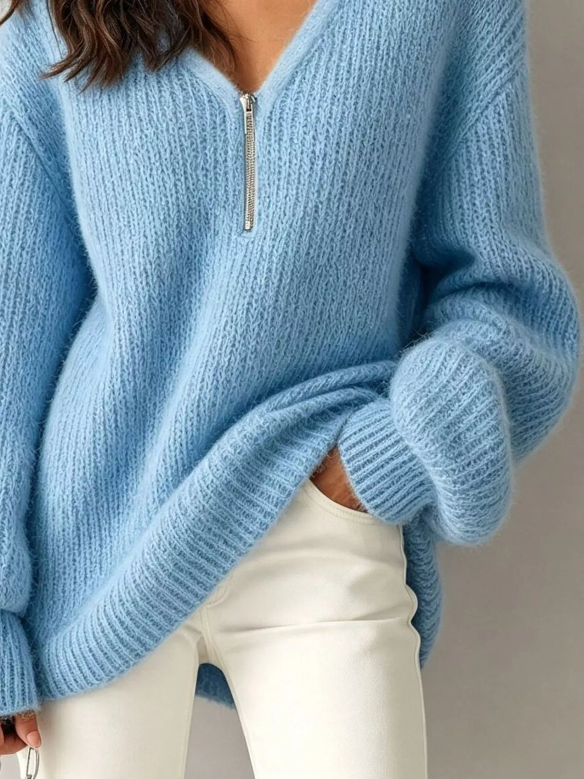 quarter zip dropped shoulder sweater – zipper | dropsona - neutral - usage example