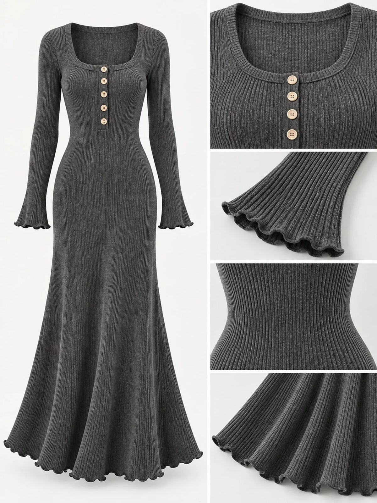 button-front ribbed knit maxi dress | dropsona - neutral - material texture