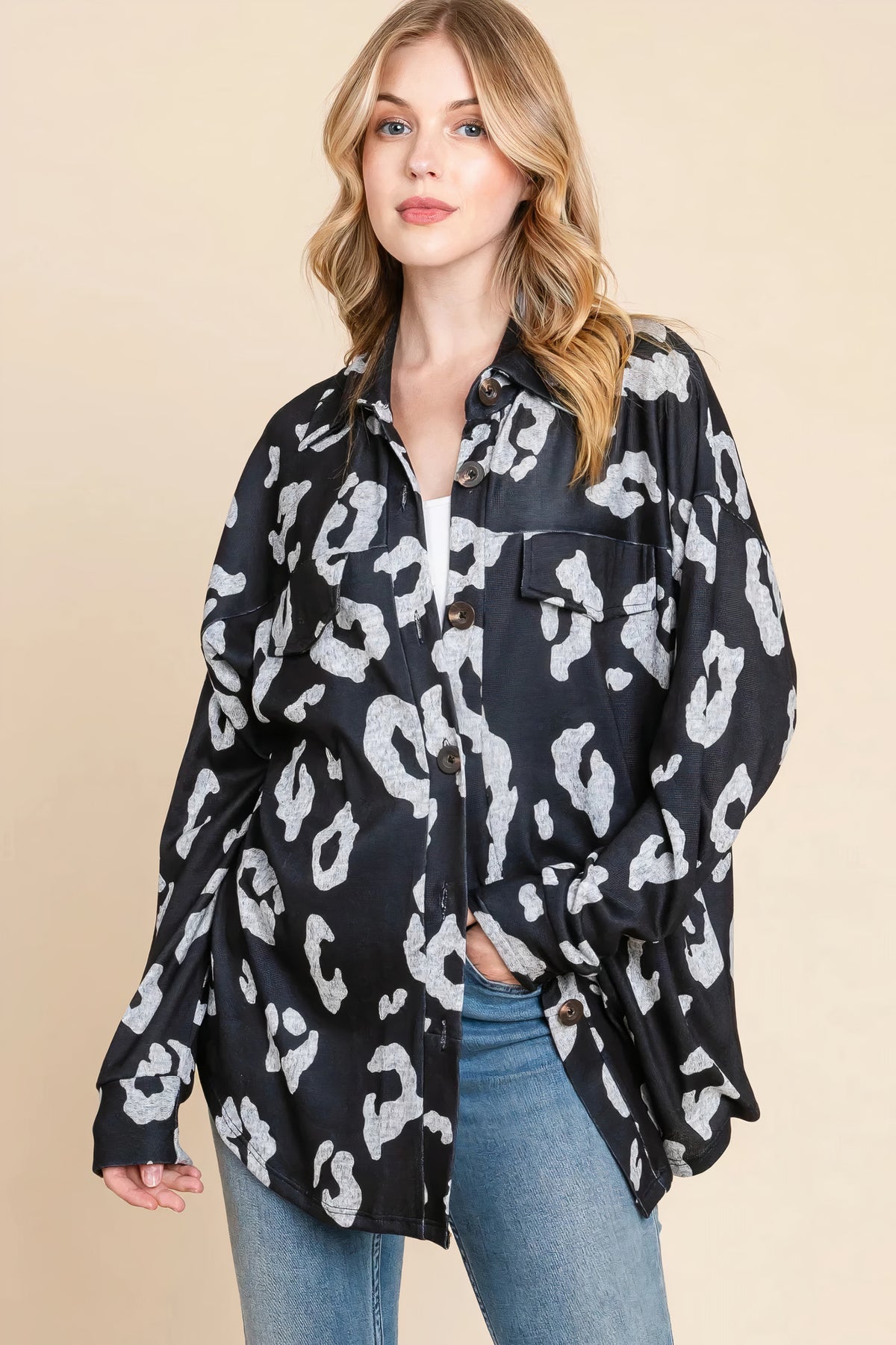 bombom animal print button up knit shacket - everyday wear