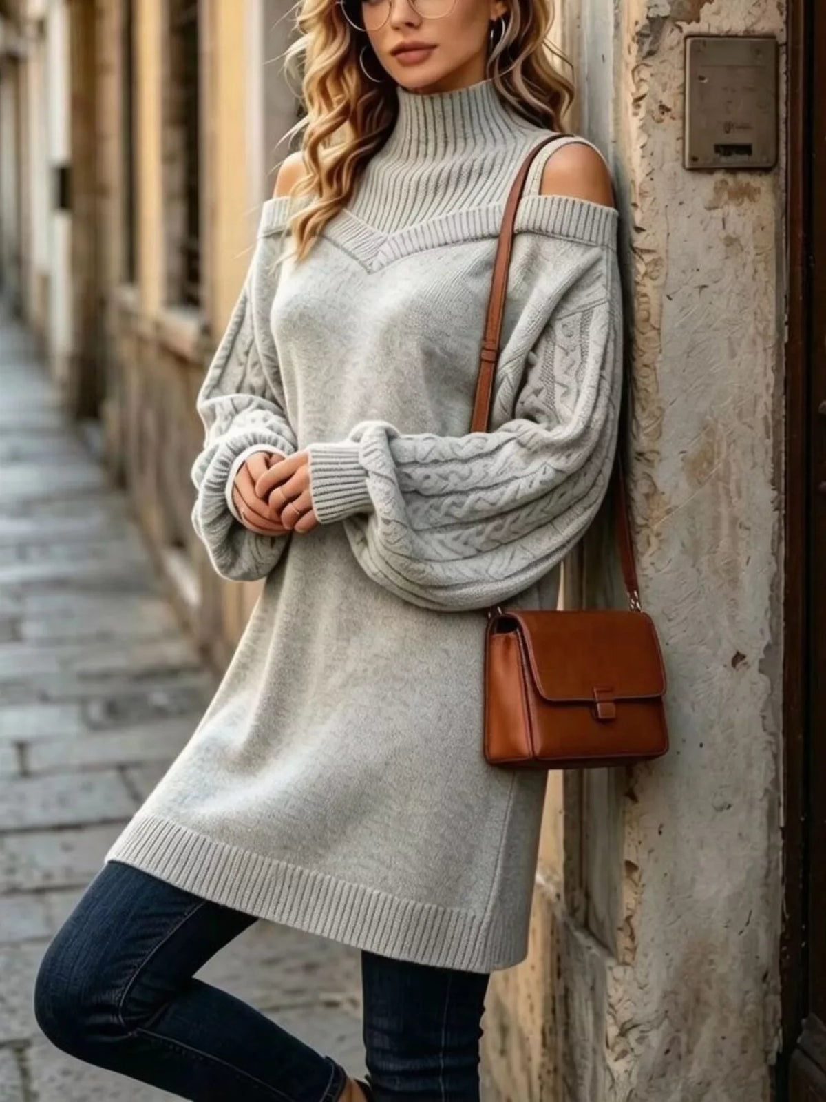 full size cold-shoulder cable knit turtleneck | dropsona - neutral - packaging