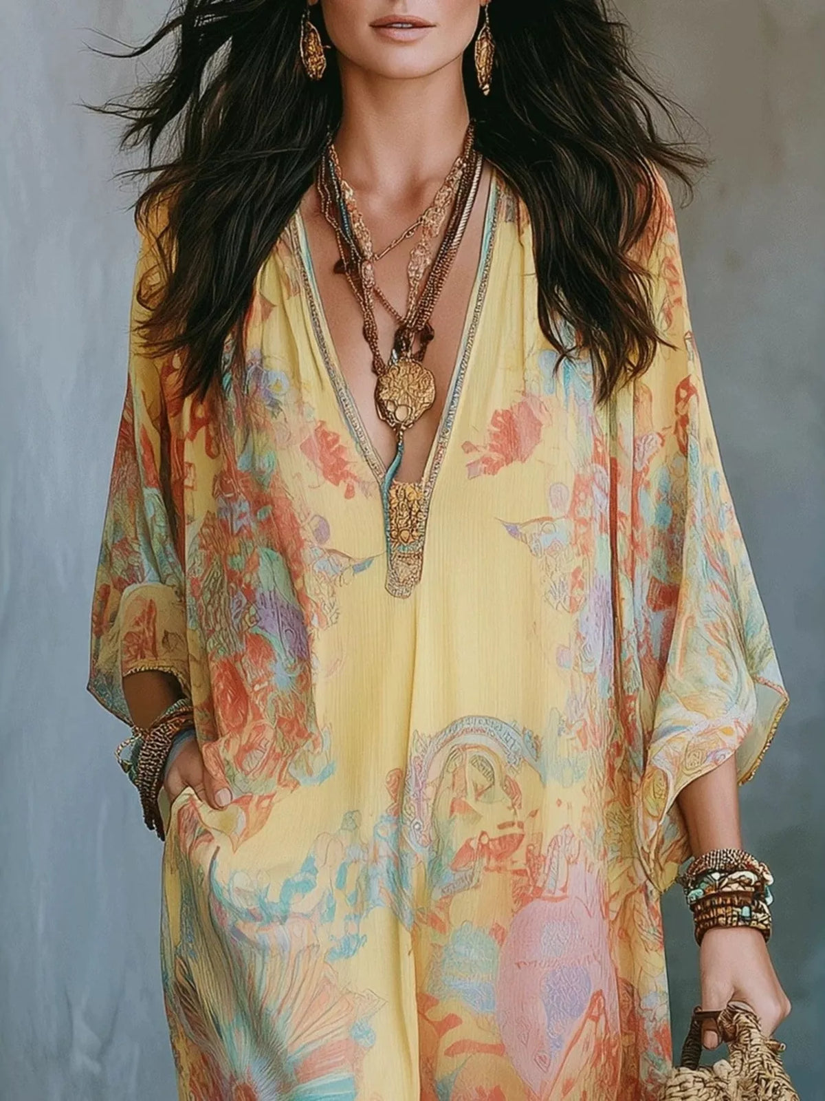 full size floral print v-neck maxi dress plus | dropsona - neutral - front view